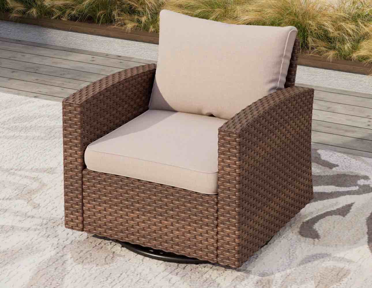 Condition photo showing New/Like New for dynasia pe rattan swivel rocking outdoor chair with cushions