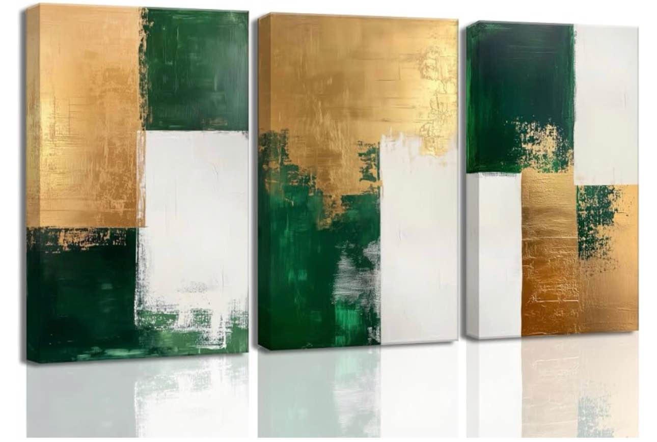 Condition photo showing New/Like New for 3 pcs emerald green and gold canvas wall art modern luxury abstract minimalist neutral green gold paintings pictures wall decor poster print artwork for living room bedroom office