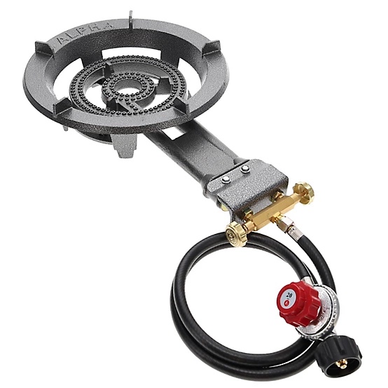 Condition photo showing New/Like New for single propane burner stove 90,000 btu cast iron portable outdoor burner with 0-20 psi adjustable regulator and stainless steel hose perfect for outdoor wok cooking