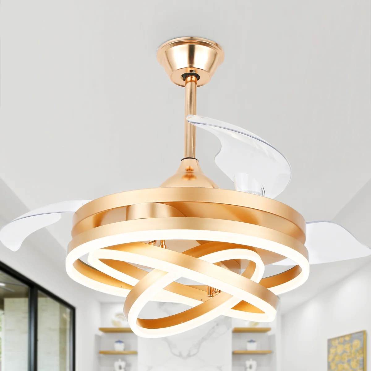Condition photo showing New/Like New for orren ellis 42" diy shade gold modern ceiling fan with lights and remote, quiet and reversible dc motor ceiling fan