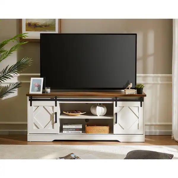 farmhouse tv stand for 65 inch tvs, entertainment center with 2 sliding barn doo