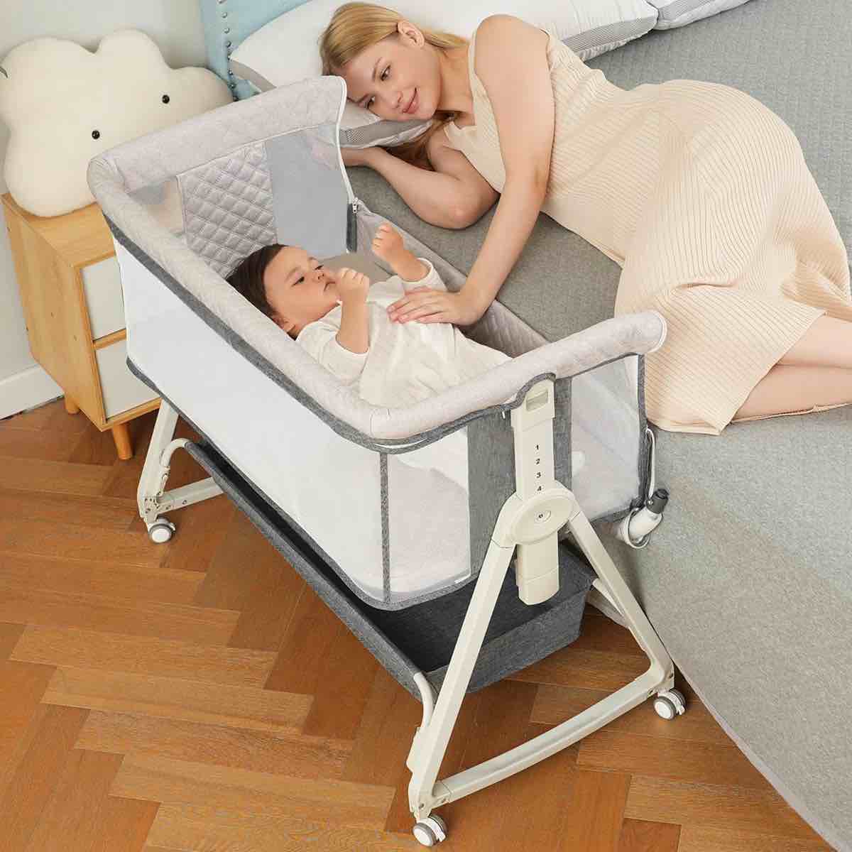 baby bassinet, bedside sleeper for baby with wheels and storage basket,all mesh portable bassinet for newborn,6 height adjustable easy to assemble bedside crib