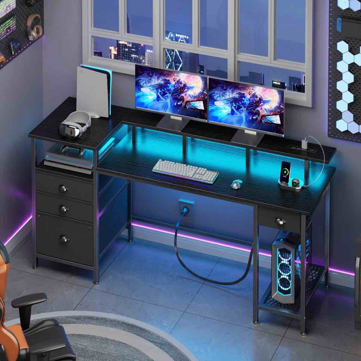 furologee 61 inch computer desk with power outlet and led lights reversible home office desk with file cabinet and monitor stand large gaming table with storage shelves and drawer