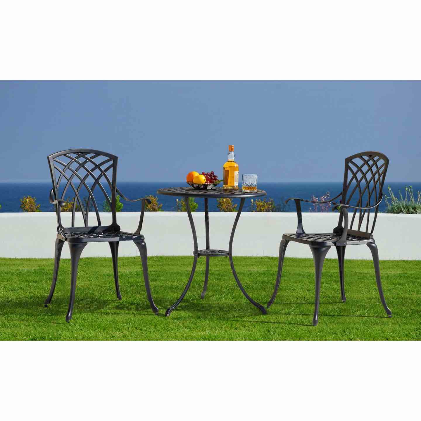Condition photo showing New/Like New for 3-piece patio bistro set outdoor cast aluminum bistro table and chairs set of 2, outdoor patio bistro set with umbrella hole and cushions for patio balcony, black