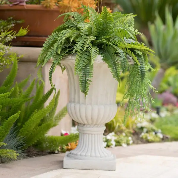 Condition photo showing New/Like New for antique white italian urn planter - 26.5"h 19"l×19"w, indoor/outdoor no assembly for garden/living room