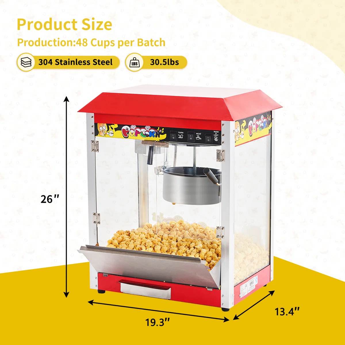 Condition photo showing New/Like New for popcorn machine, 10 oz kettle, 1300w countertop popcorn maker for 48 cups per batch, movie theater popcorn popper with 3-switch control, 2 scoops 1 cup