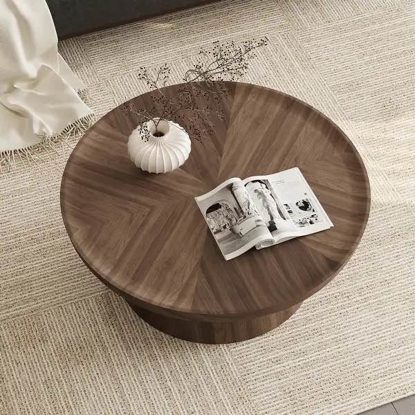 Condition photo showing New/Like New for round brown walnut coffee table set of 2 for living room, solid wood veneer