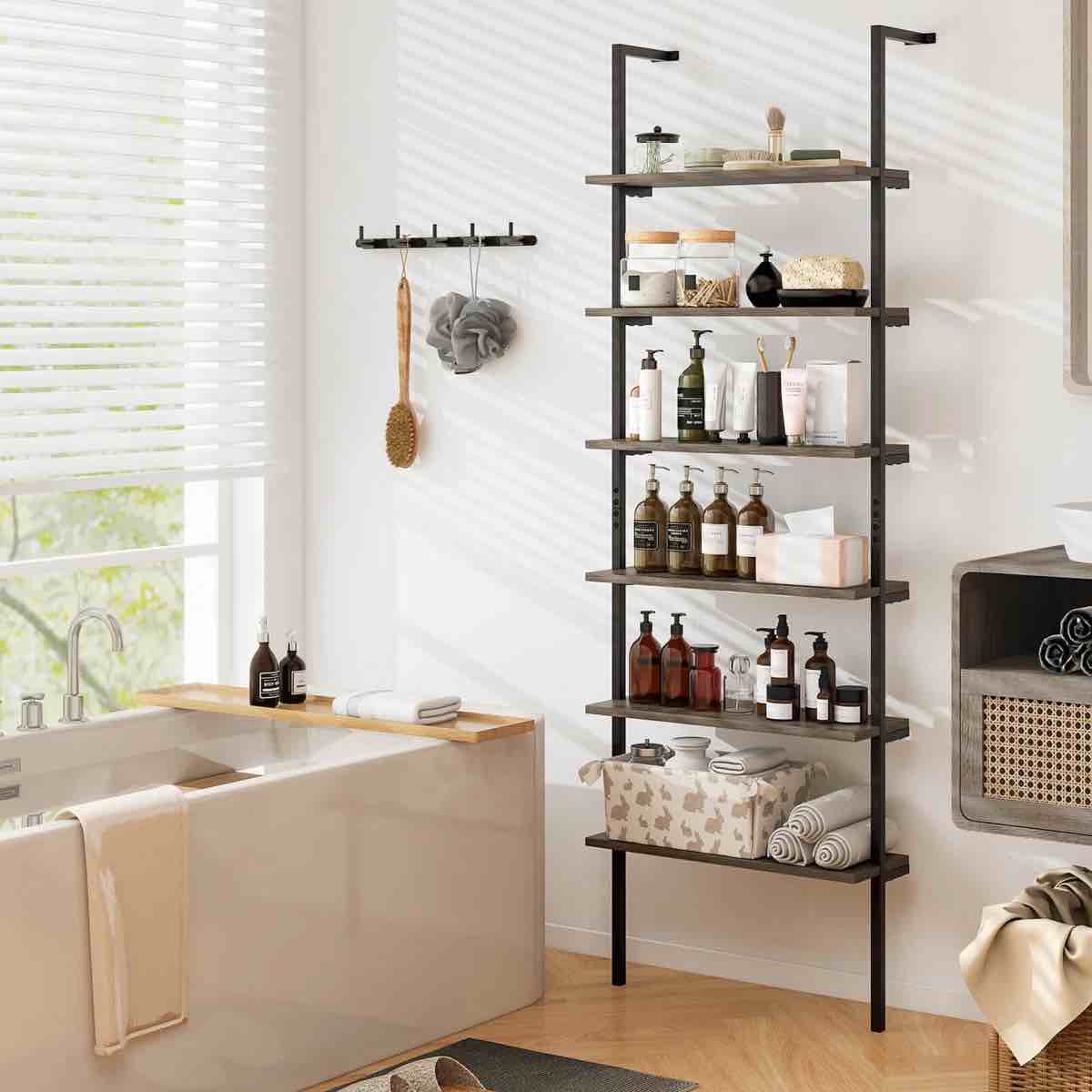 Condition photo showing New/Like New for 6-tier ladder shelf 72 inches industrial wall mounted bookshelf