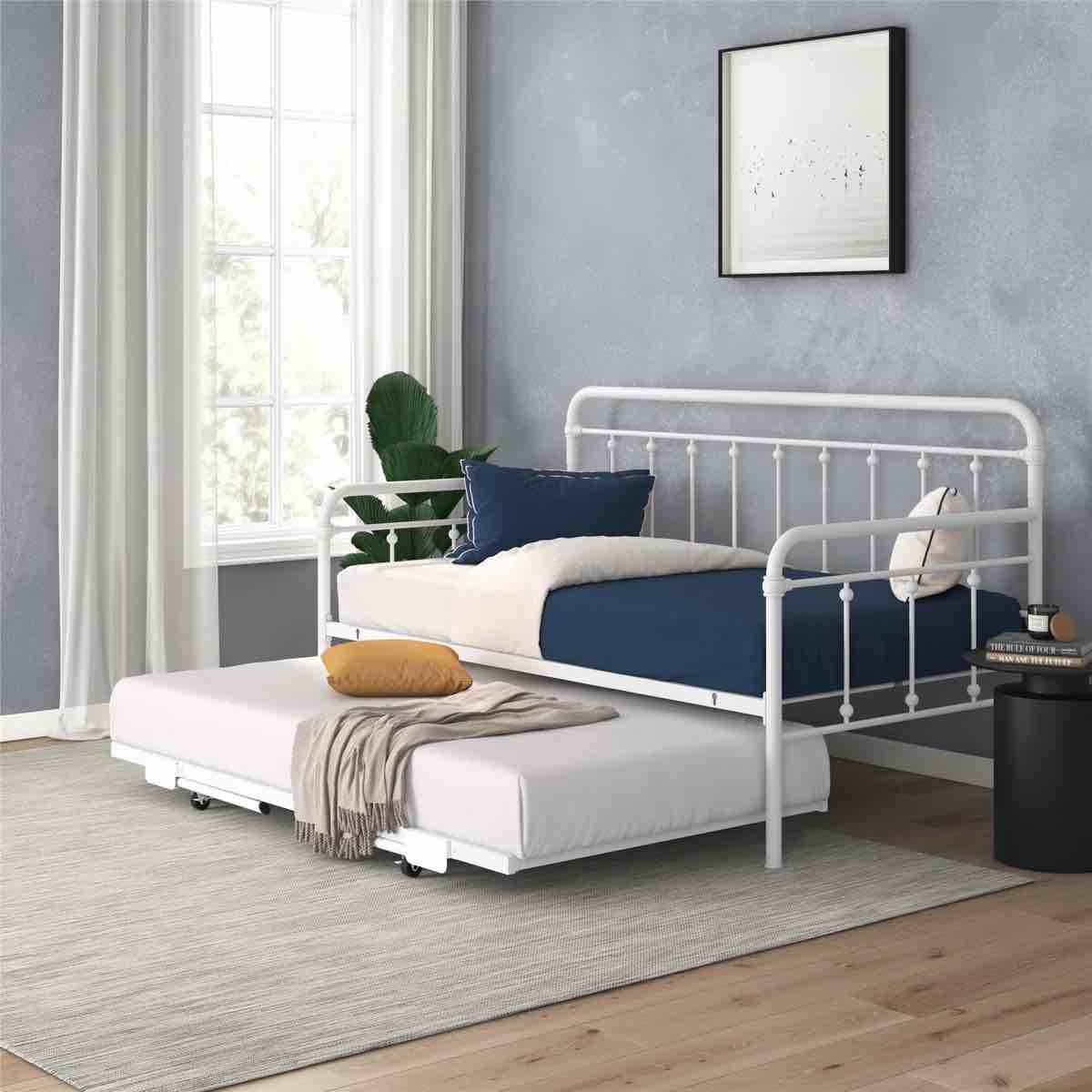 Condition photo showing New/Like New for twin metal daybed frame with modern headboard - black, heavy-duty steel slat mattress foundation, no box spring needed