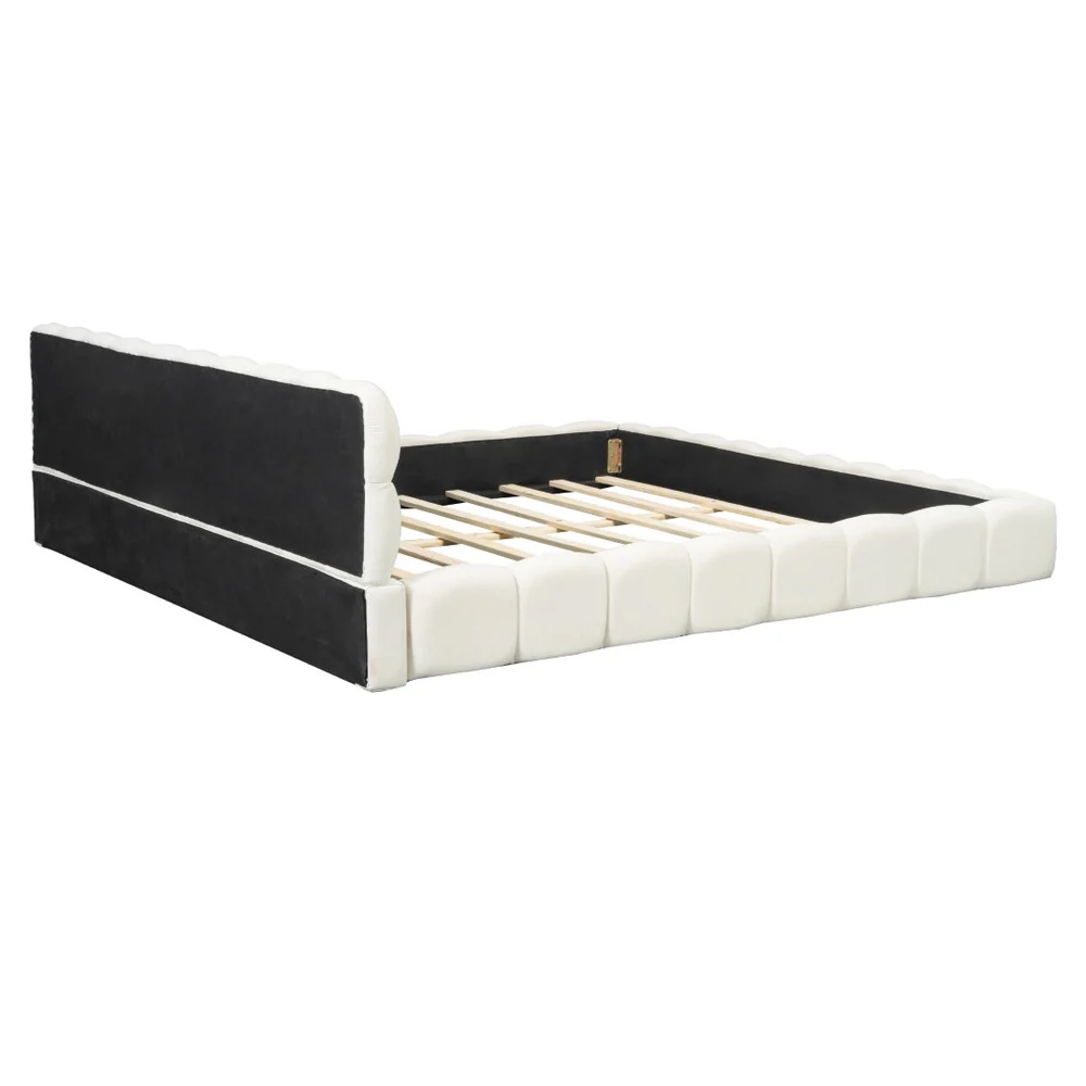 Condition photo showing New/Like New for channel stitched linen queen platform bed low profile contemporary upholstered frame - beige