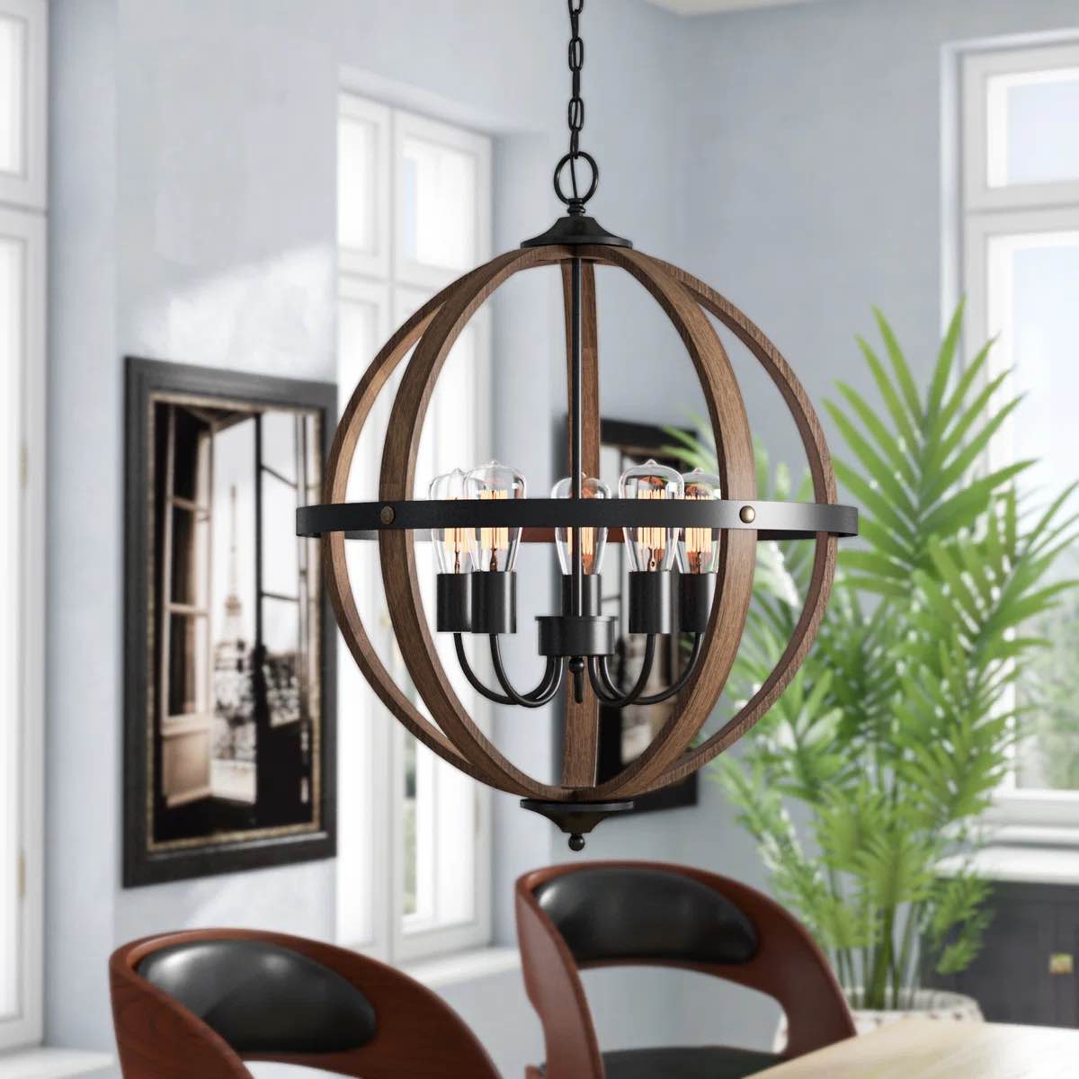 Condition photo showing New/Like New for barreras 5-light dimmable globe chandelier