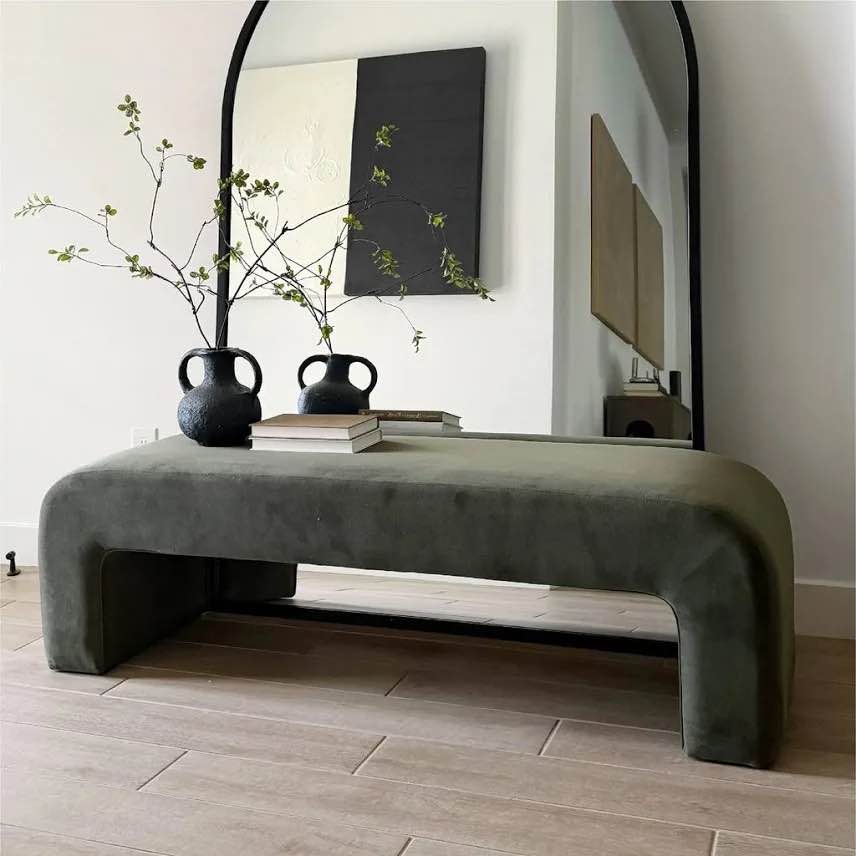 Condition photo showing New/Like New for modern velvet accent waterfall bench | popmaison lily, chocolate brown