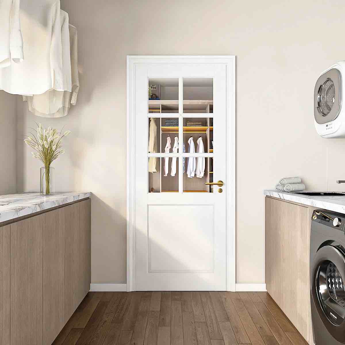 Condition photo showing New/Like New for glass slab door 6-lite glass french interior door pre-finished paintable single panel for living room pantry laundry closet as prehung, pocket, shaker w/o hardware