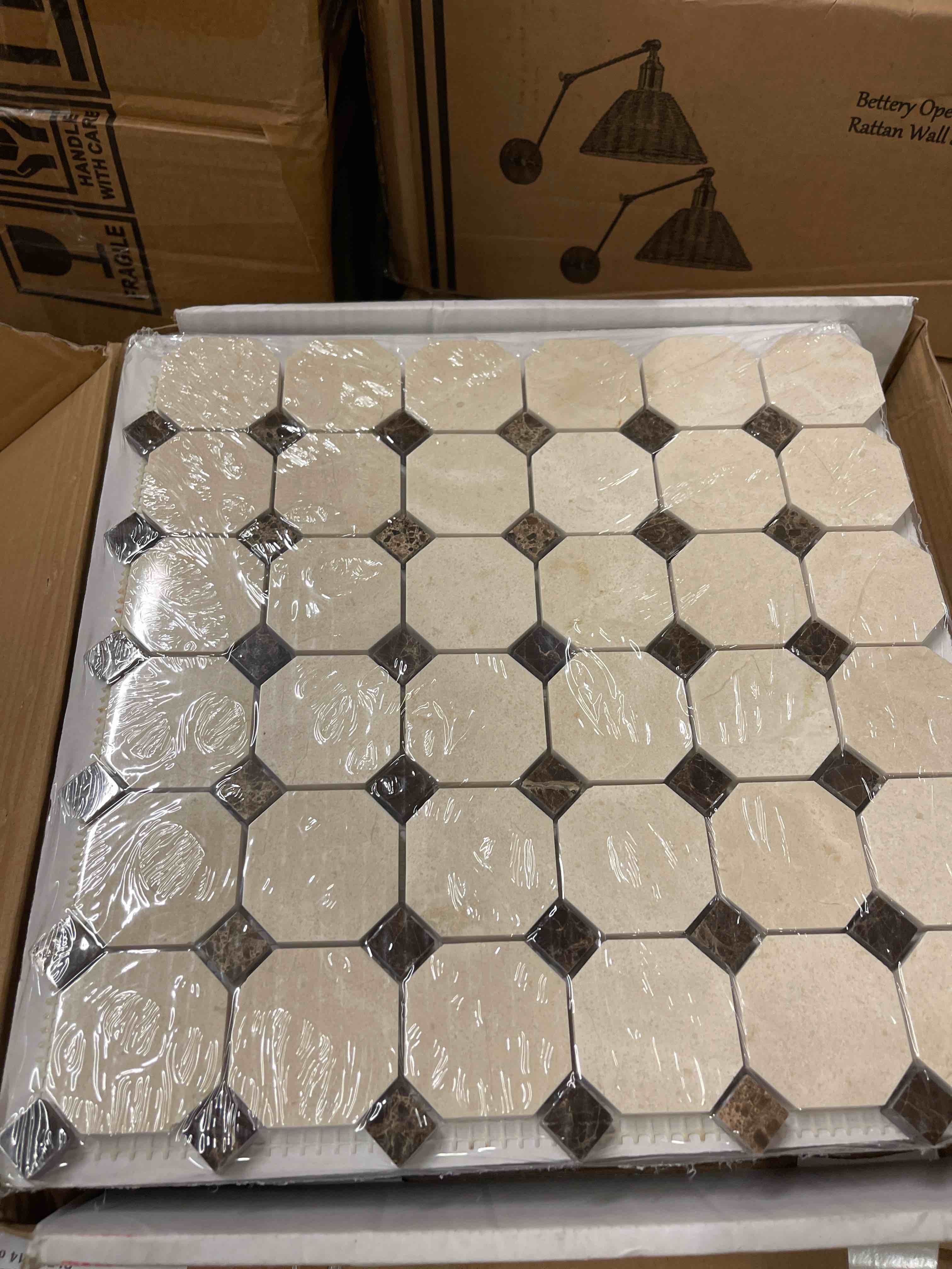 Condition photo showing New/Like New for octagon and dot marble mosaic wall & floor tile