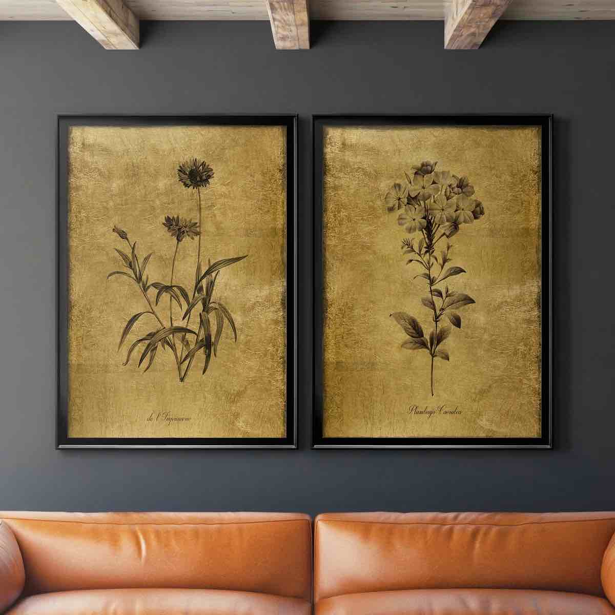 Condition photo showing New/Like New for gold sketch botanical two painting print