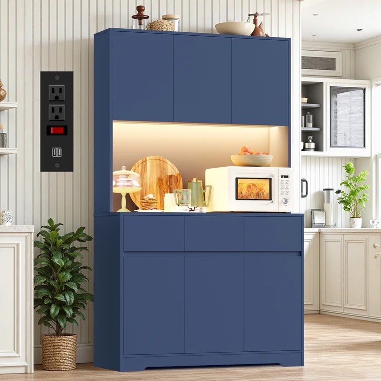 homfa 70.9'' tall kitchen pantry cabinet with charge station & led light, 3 drawer storage cabinet with adjustable shelves, blue