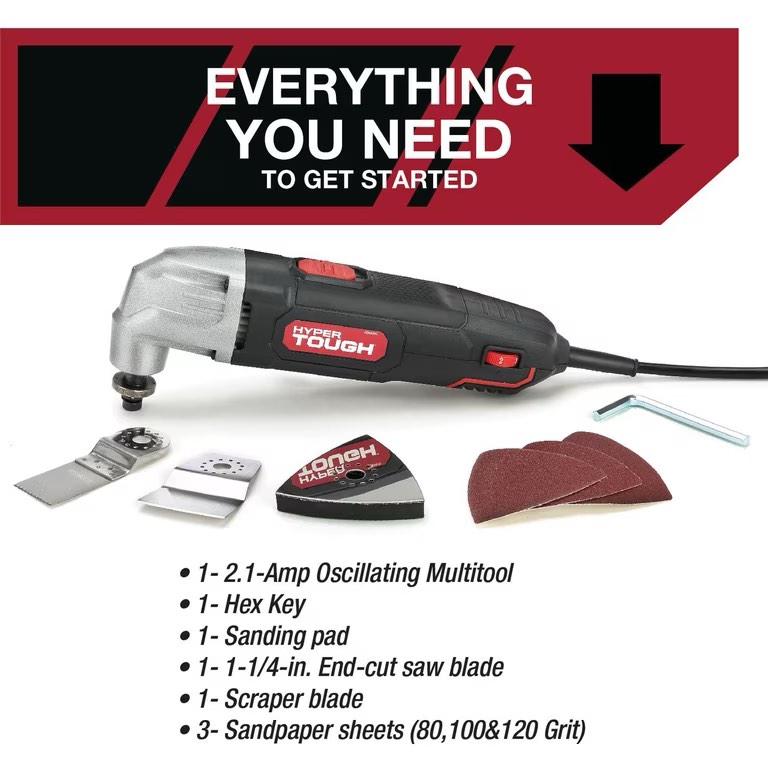 Condition photo showing New/Like New for hyper tough 2.1 amp new condition corded oscillating multi-function tool  variable speed  with hex key  sanding pad  1-1/4 inch blade  scraper blade & 3 sanding sheets (80  100 & 120 grit)