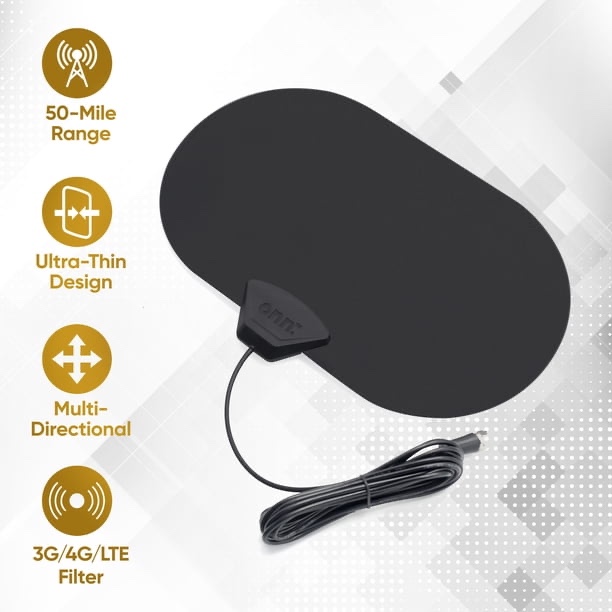Condition photo showing New/Like New for onn outdoor tv antenna with mounting pole, 50-mile range (reception varies by location), supports hdtv & 4k uhd