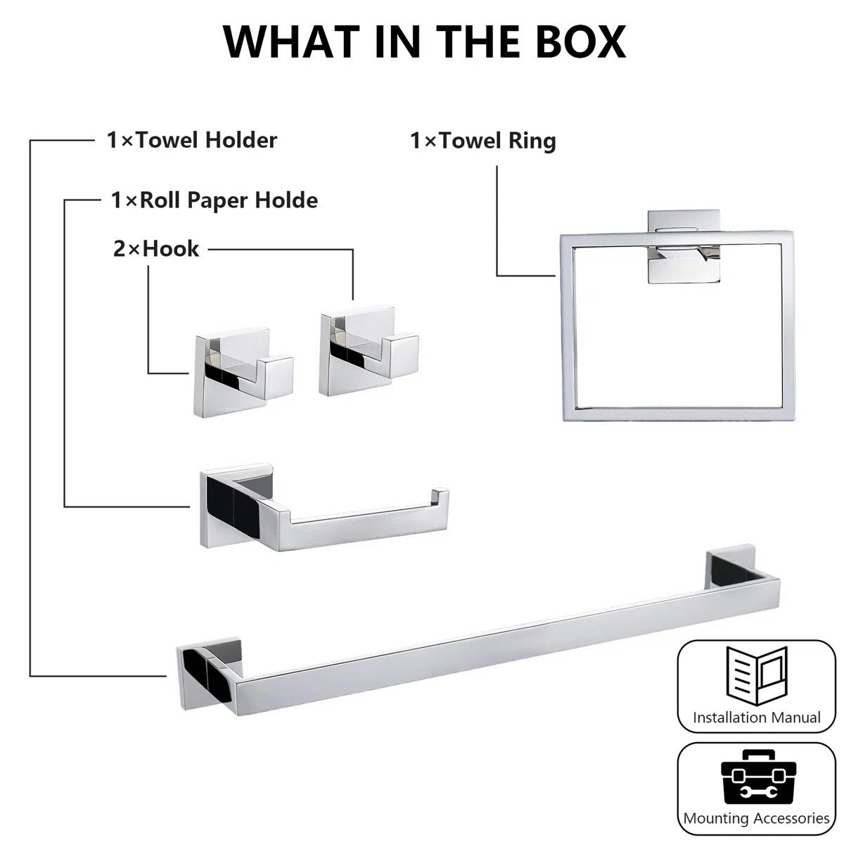 Condition photo showing New/Like New for 5-piece bathroom hardware set with towel bar, towel ring, robe hook, toilet paper holder ggj025c