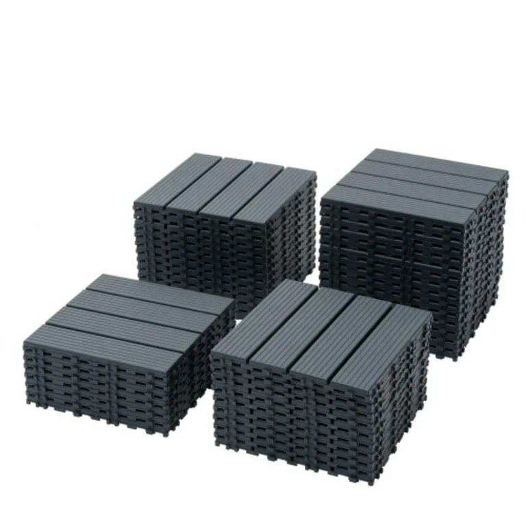 Condition photo showing New/Like New for plastic interlocking deck tiles,44 pack patio deck tiles,12"x12" square waterproof outdoor all weather use, outdoor and indoor patio decking tiles for poolside balcony backyard, dark grey