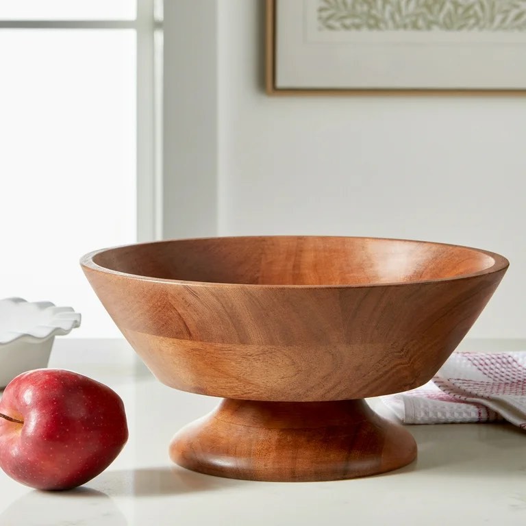 Condition photo showing Good Condition for better homes & gardens natural acacia wood footed bowl