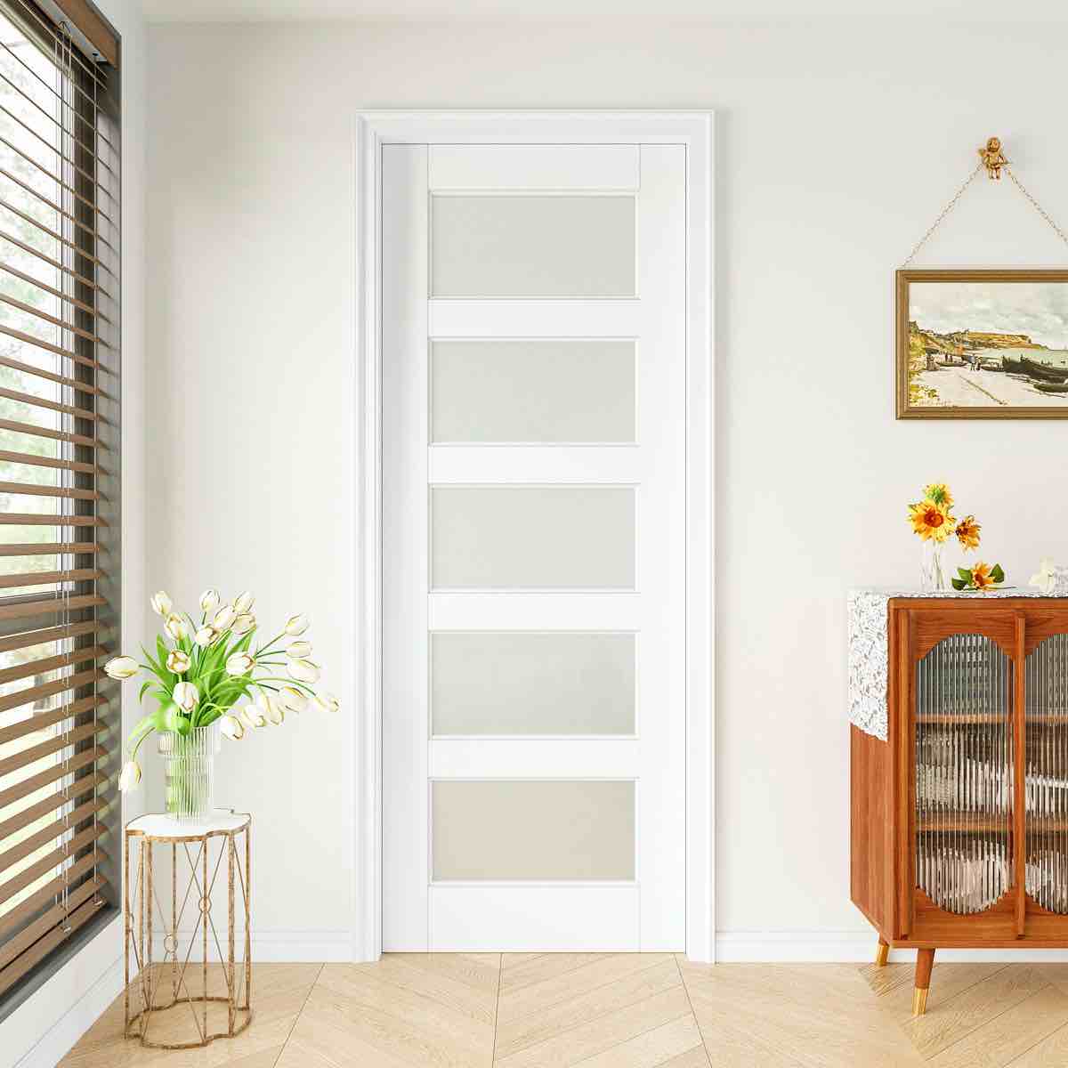 Interior 30" x 80"H Frosted Door 5-Lite Solid Core Pantry Slab Door Primed Standard Door For French Bathroom Doors