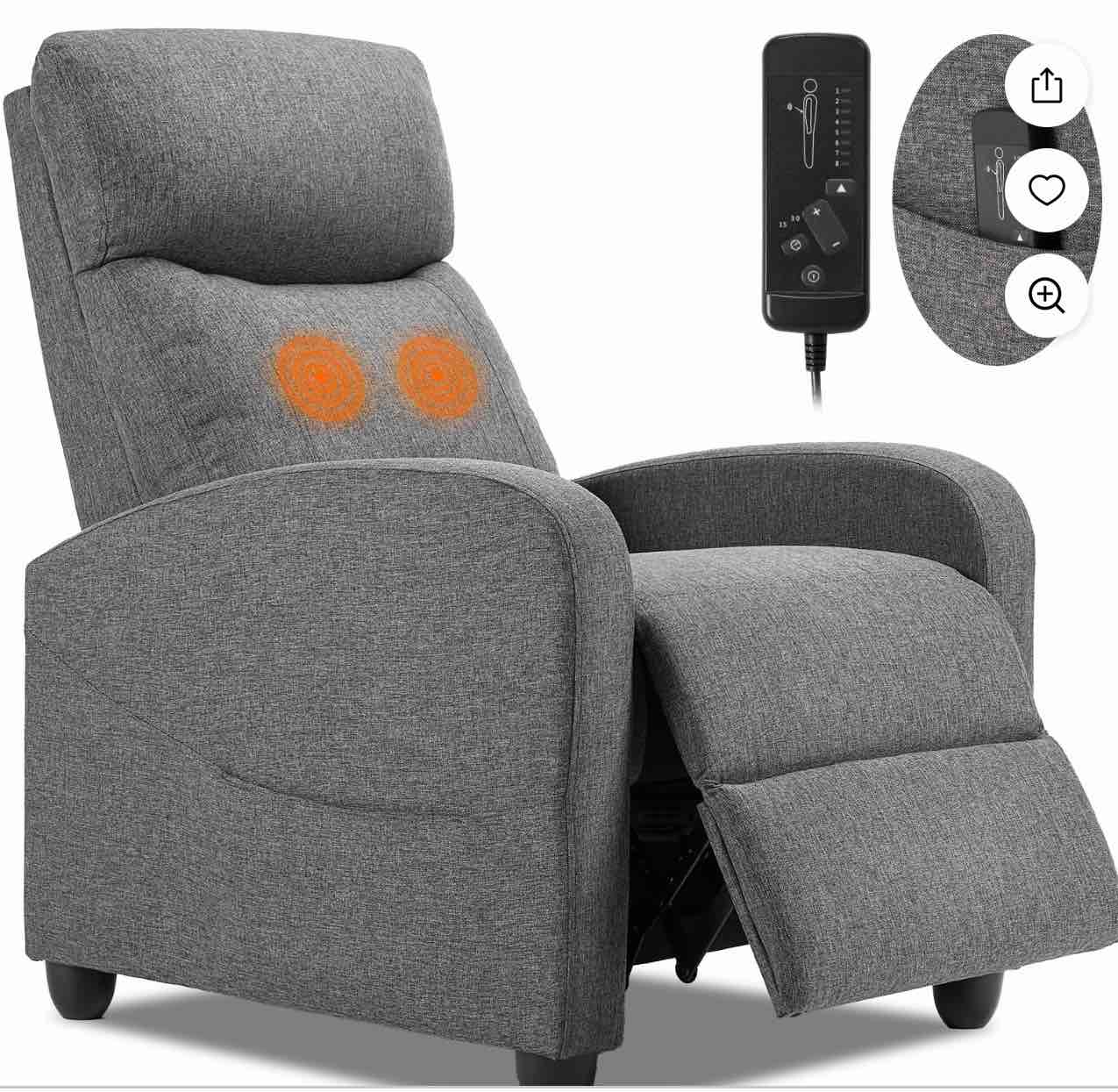 EDX Massage Recliner Chair, Small Recliner Sofa Chair with Padded Seat and Massage Backrest for Home Theater Living Room, Grey