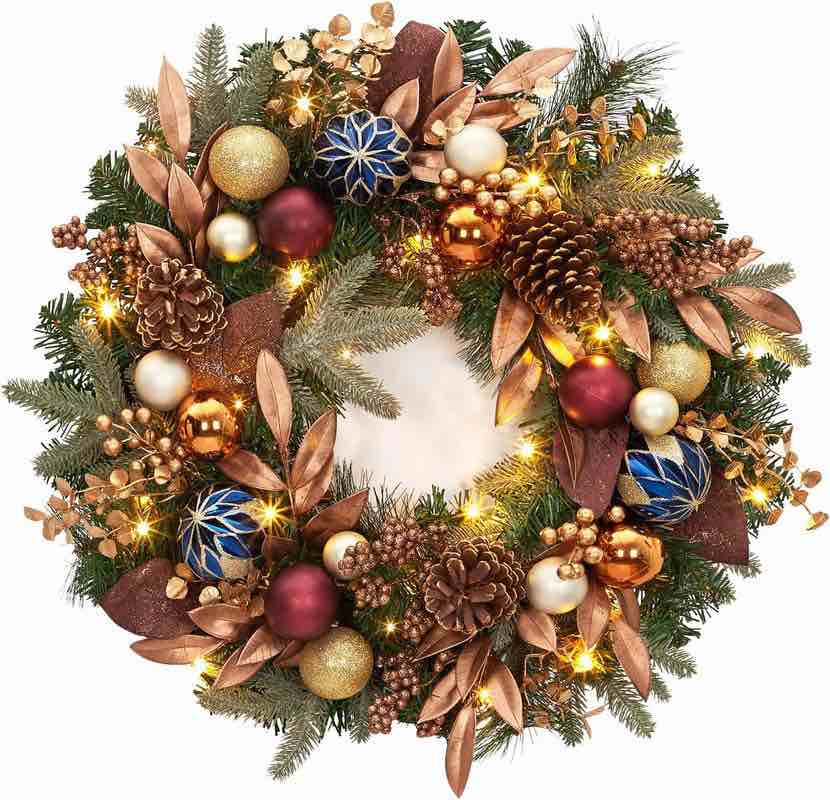 24 inch pre-lit christmas wreath with led lights, pine cones & berries for front door decor
