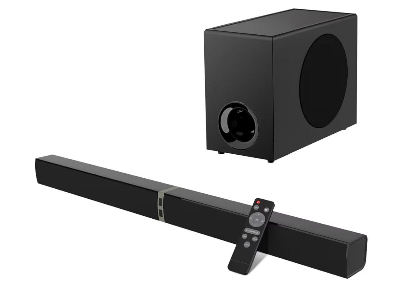 mzeibo sound bar with subwoofer,120w soundbar for smart tv surround sound home theater system bluetooth 5.3 audio compatible with arc, aux, optical