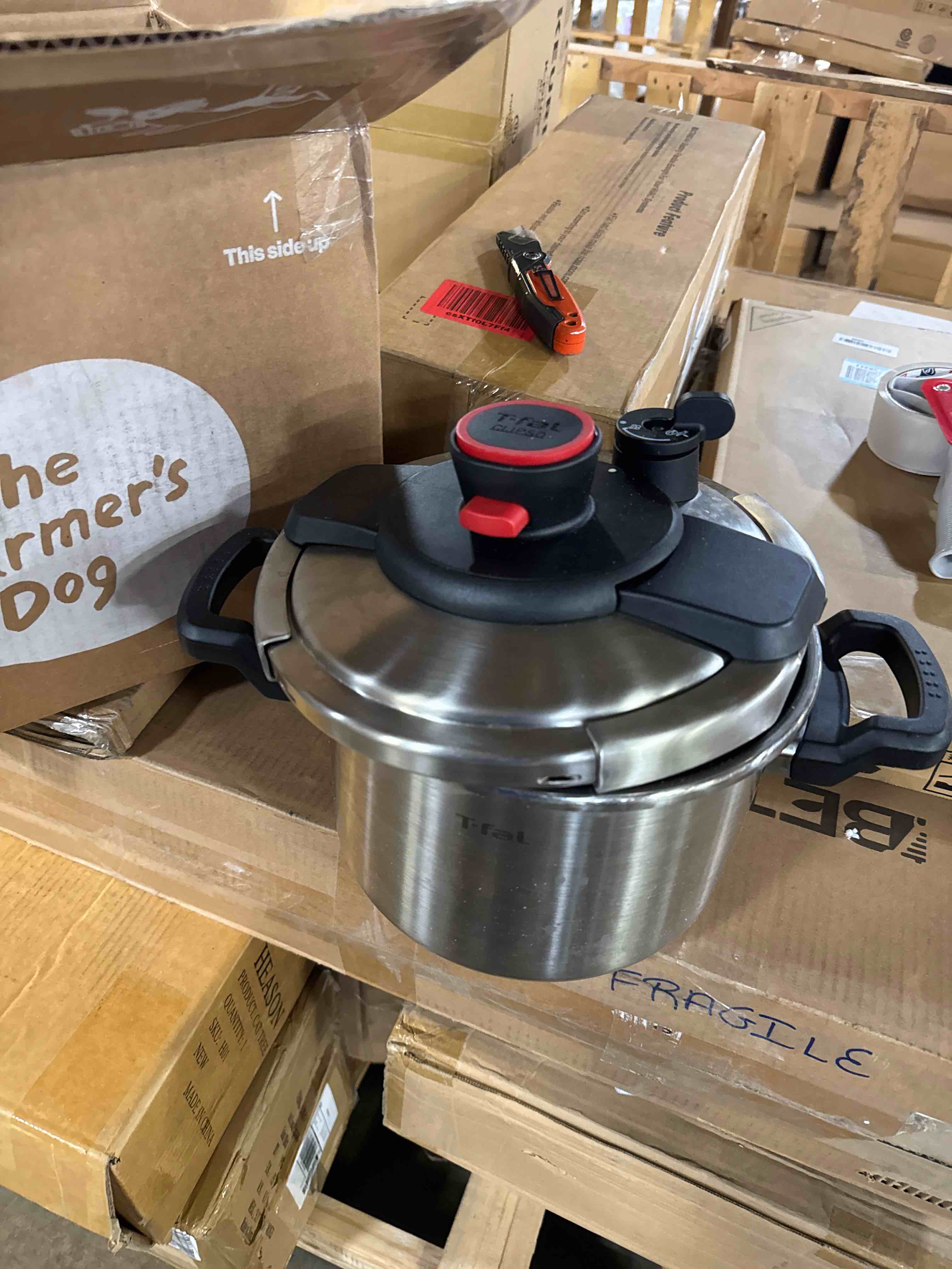 Condition photo showing Good Condition for T-fal Clipso Stainless Steel Pressure Cooker, 6.3 Quart, Recipe Book, Steam Basket, Easy-Open Lid, Secure Locking System, Adjustable Pressure Valve, Induction Cookware, Pots and Pans, Kitchen, Silver Easy Open Pressure Cooker 6.3 Quarts