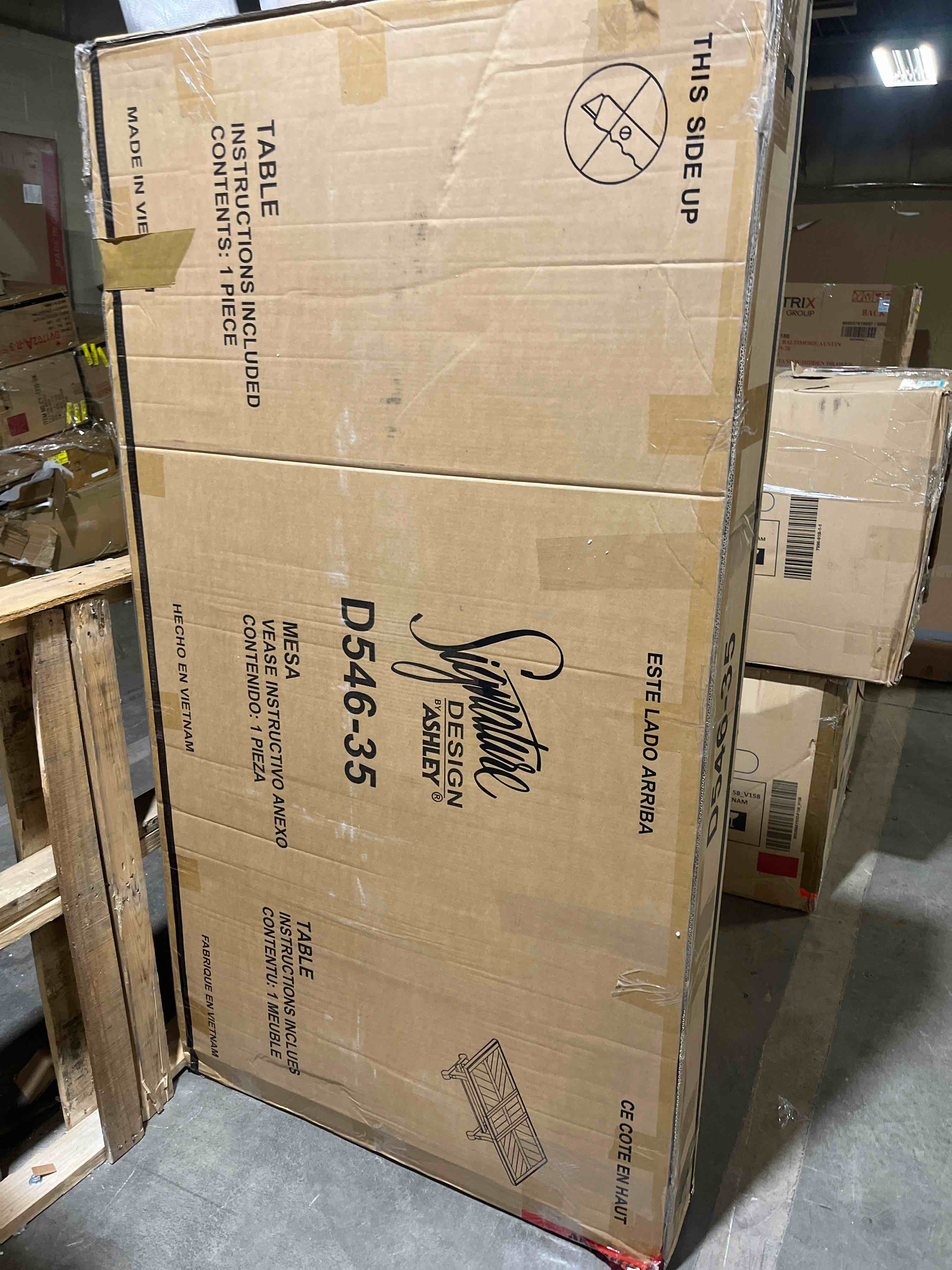 Condition photo showing New/Like New for Signature Design by Ashley Valebeck Farmhouse Rectangular Extension Dining Table, Fits up to 8, White & Brown