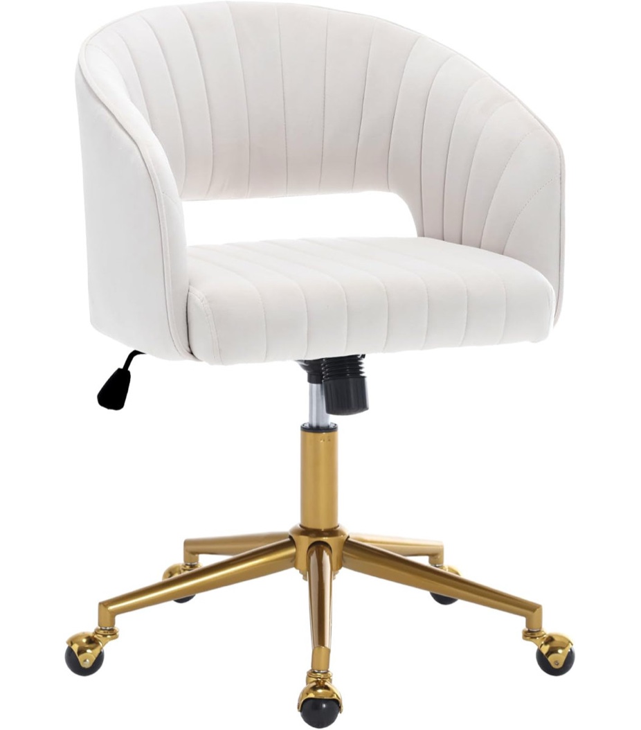 Condition photo showing New/Like New for Velvet Desk Chair with Wheels, Home Office Swivel Armchair with Gold Base, Back Incline Adjustable for Vanity Make-up