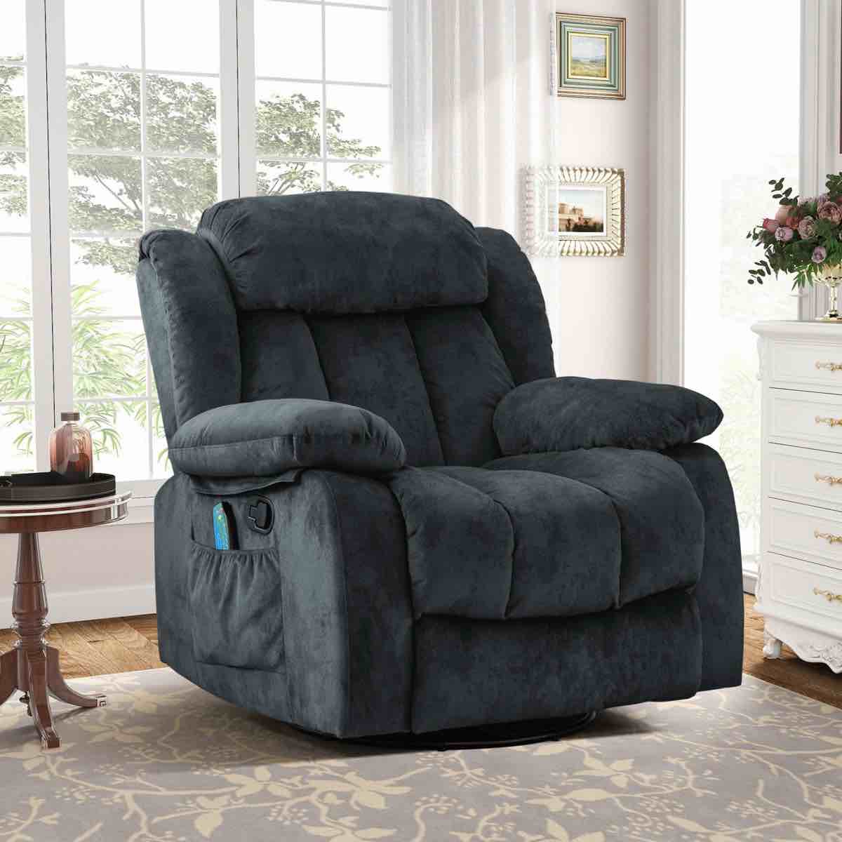 Condition photo showing New/Like New for 37.4" Wide Contemporary Compact Microfiber Swivel Rocker Manual Recliner Chair with Heat and Massage