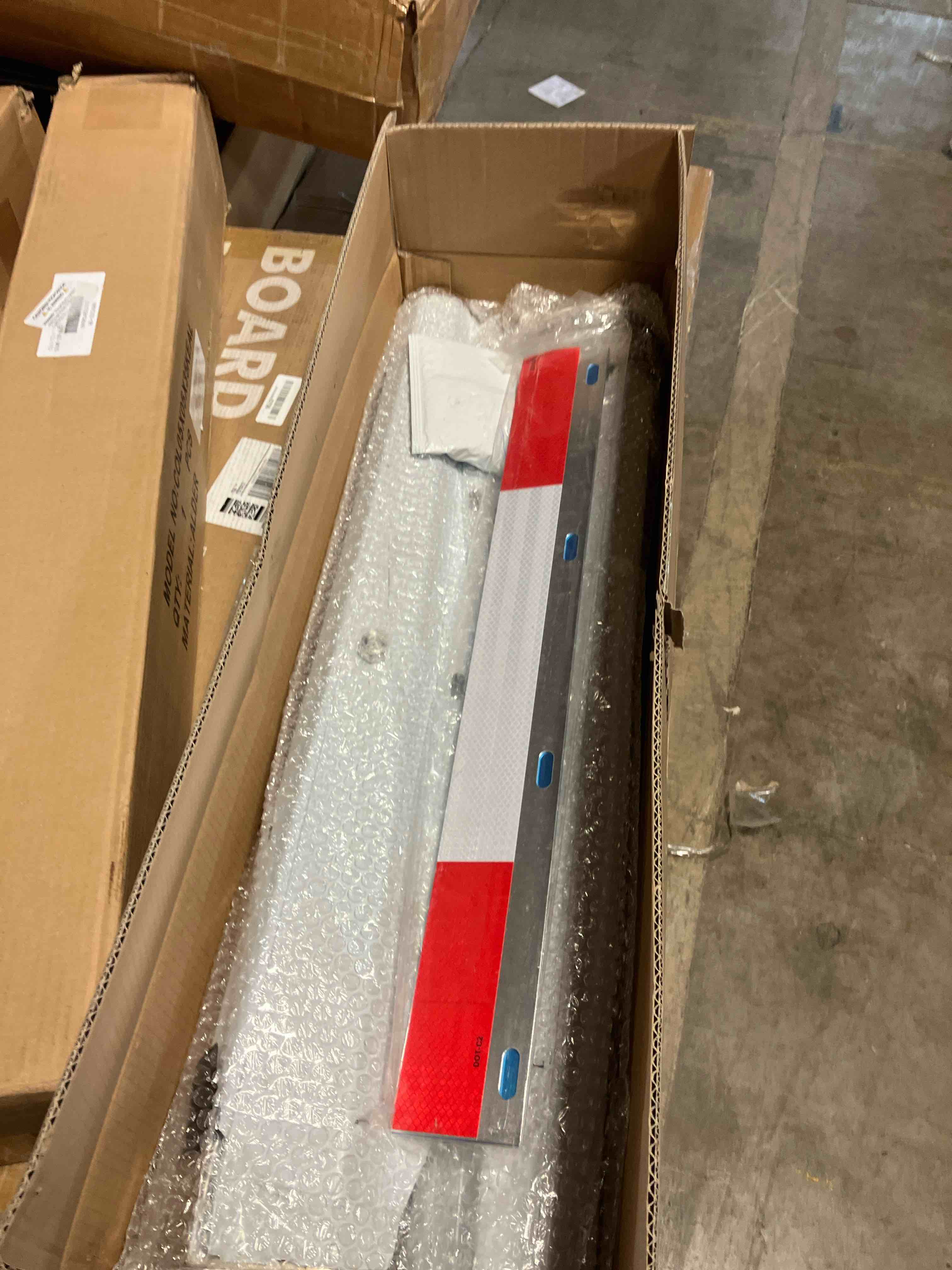 Condition photo showing New/Like New for Stainless Steel Straight Spring Loaded Mud Flap Hangers Brackets Mudflap Holders Mounts Set 1-1/8" Bolt Spacing 30" Length with Aluminum Reflective Tapes fit for Semi Trucks, 2 pcs