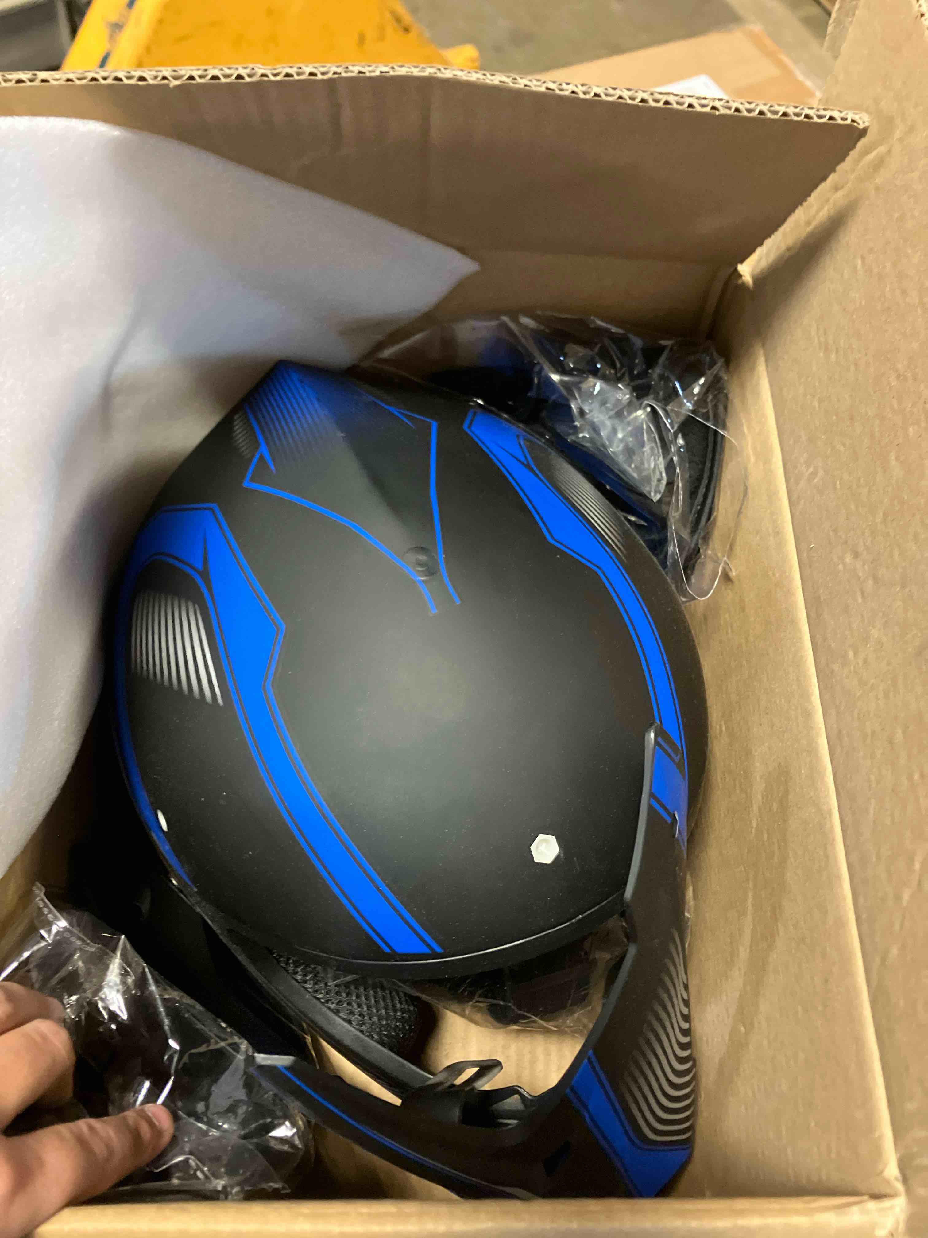 Condition photo showing New/Like New for Youth Dirt Bike Helmet Set Includes Gloves, Goggles, Mask, Ideal Helmet for Kids 8-14, Premium Safety Gear for Dirt Bike Helmets Enthusiasts - DOT Approved (Dark Blue,L) Dark Blue Large