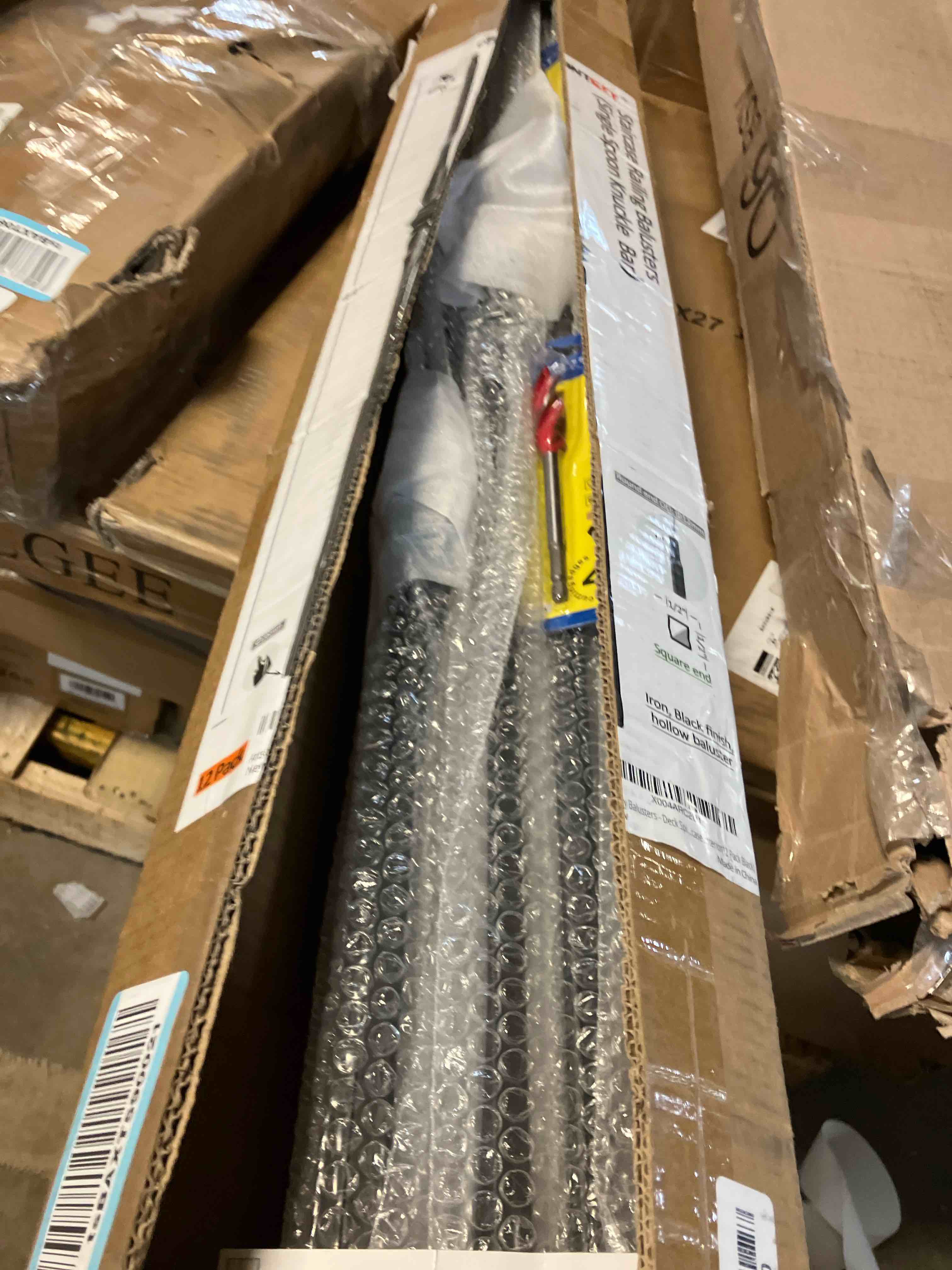 Condition photo showing New/Like New for Wrought Iron Hollow Balusters - Deck Spindles Stair Railing indoor,Stair Single Spoon Knuckle Hollow Iron Baluster stair spindles, for staircase interior, Includes 2 Drill Bits for Wood(12 Pack Black) 1/2" Single Spoon Black