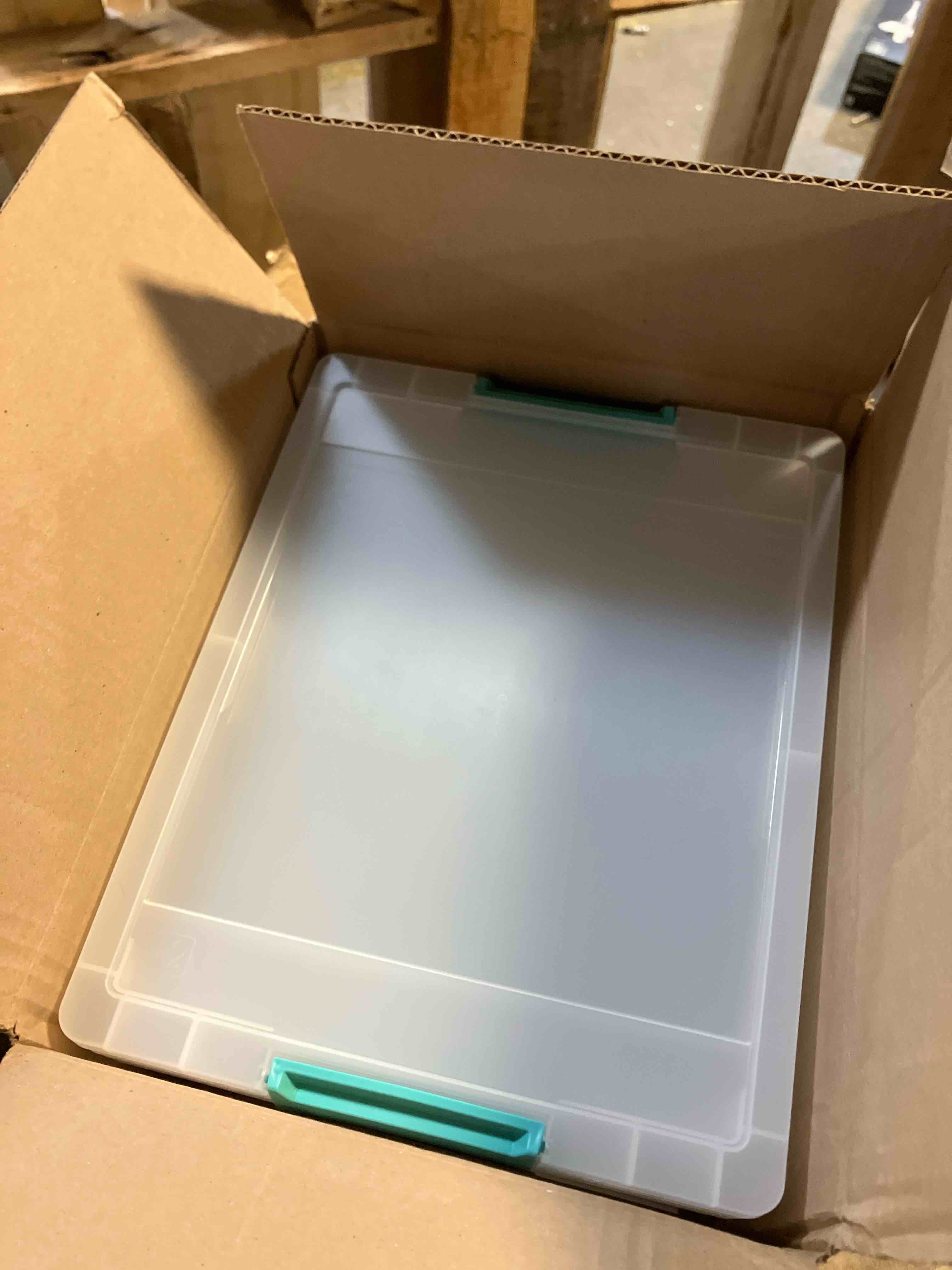 Condition photo showing Good Condition for IRIS USA 6 Qt. Storage Bins with Lids, 4-Pack, |Made in USA|, Small Plastic Craft Container Sensory Totes for Art Supplies, Paper, and Office, Stackable - Clear 6 Qt. - 4 Pack