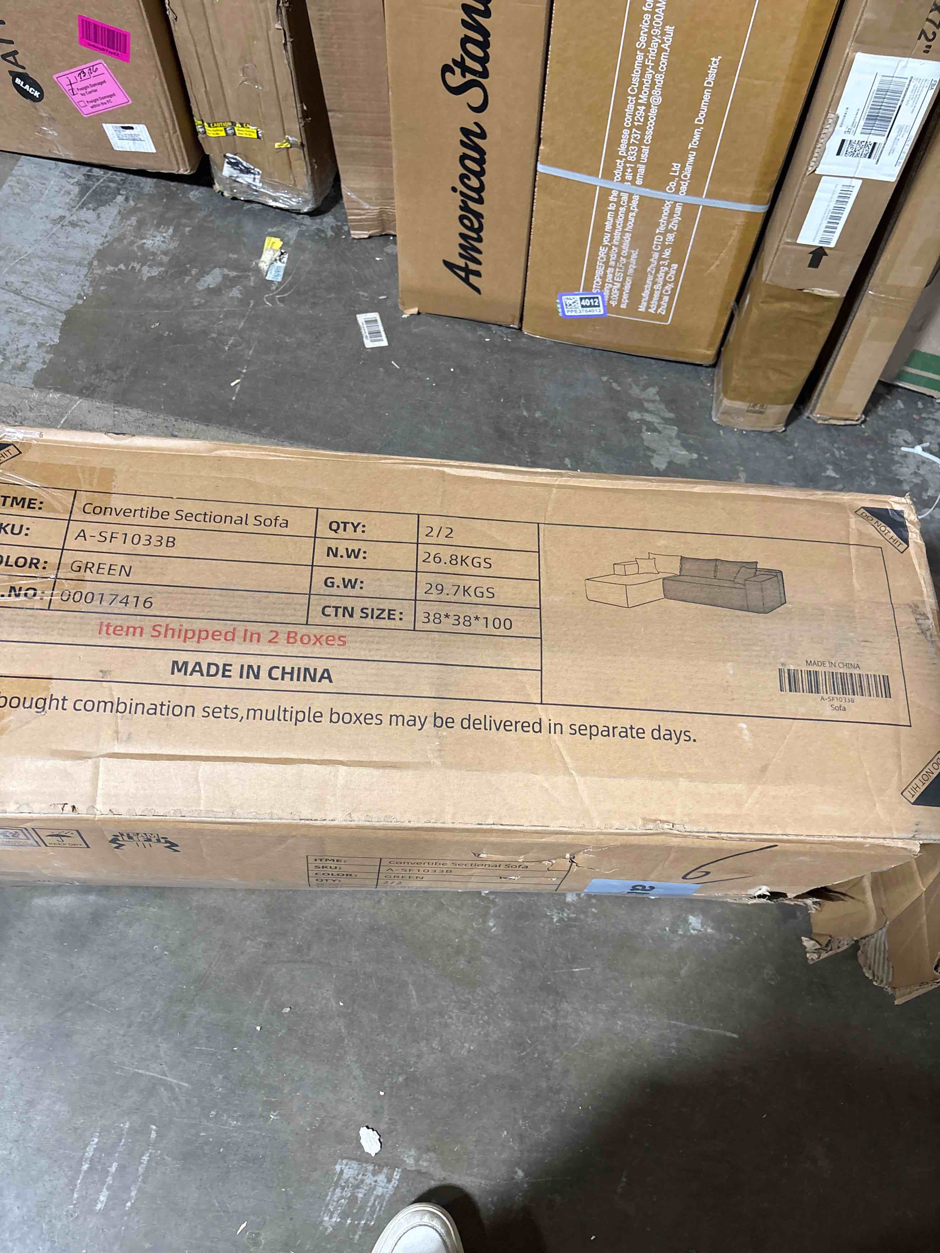 Condition photo showing As Is for 106" Modular Sectional Sofa, Green Corduroy Cloud Couch with Right Chaise, Deep Seat Boneless Floor Sofa for Living Room, High-Resilience Foam Support, No Assembly Required, Includes Pillows | Sectional Sofa, Corduroy Cloud, Boneless, High-Resilience, No Assembly