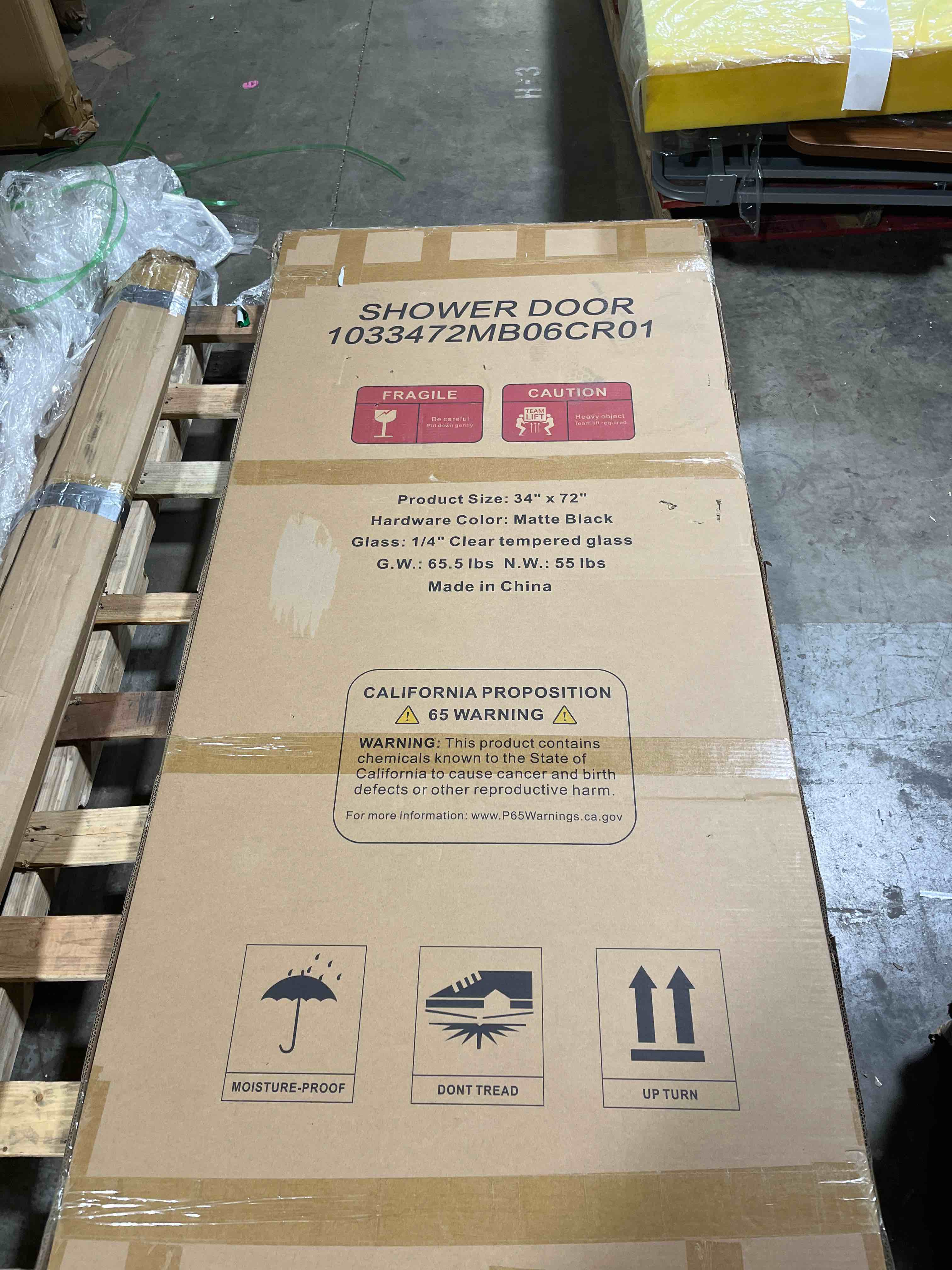 Condition photo showing New/Like New for 34-35.4" W x 72" H Frameless Pivot Shower Door, 1/4" (6mm) Clear SGCC Tempered Glass Shower Door, Pivot Swing Shower Glass Door in Matte Black Finish, Reversible Installation