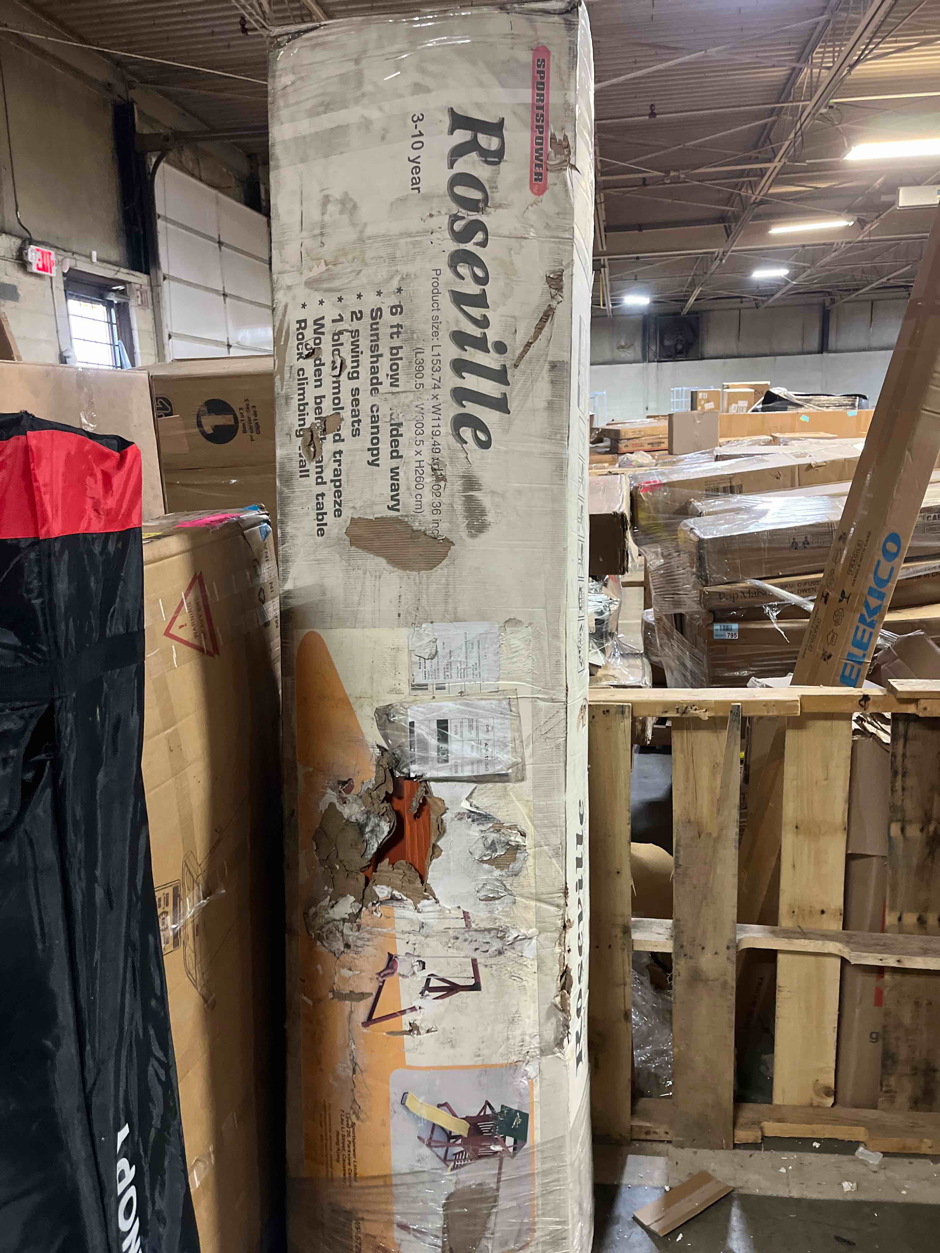 Condition photo showing Good Condition for Sportspower Roseville Wooden Swing Set: Play Fort, Bench with Table, Sandbox, Trapeze, and 6' Slide - Green/Yellow