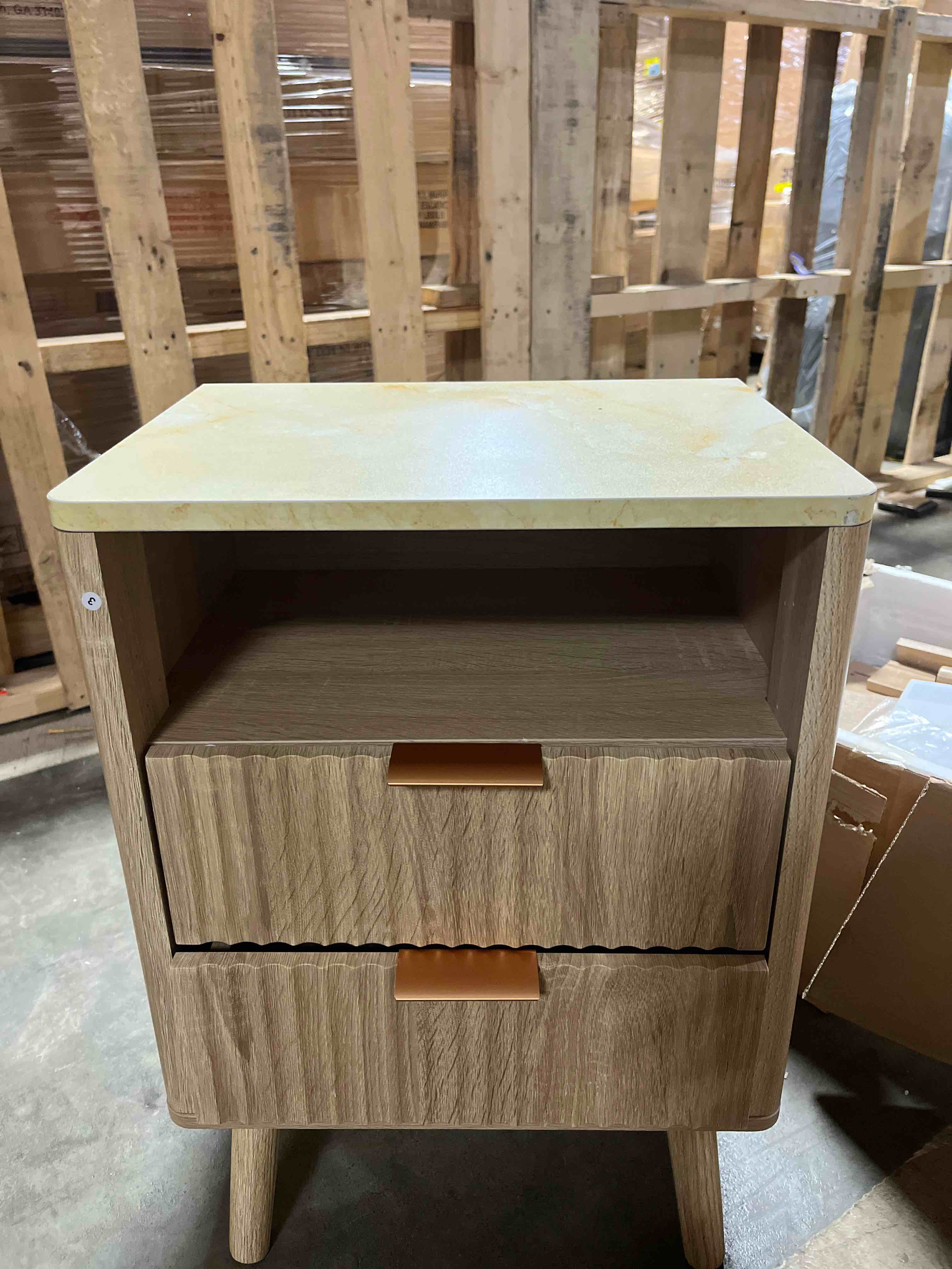 Condition photo showing Good Condition for T4TREAM Fluted Nightstand with Charging Station, 18" Modern Side Table with Faux Marble Top, 2 Drawers End Table w/Storage, Bedside Table for Bedroom, Living Room, Curved Profile Design, Natural Oak