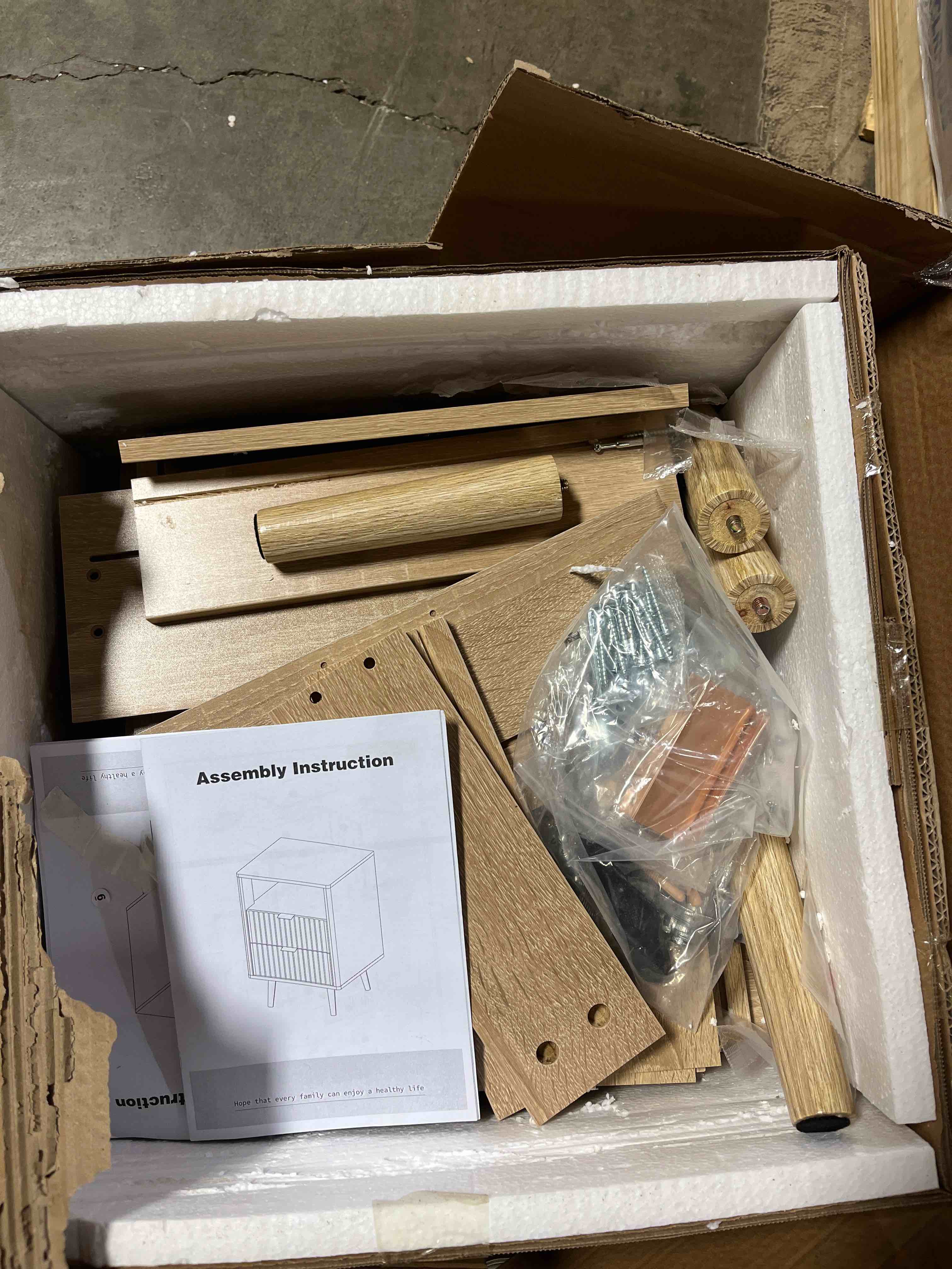 Condition photo showing Good Condition for T4TREAM Fluted Nightstand with Charging Station, 18" Modern Side Table with Faux Marble Top, 2 Drawers End Table w/Storage, Bedside Table for Bedroom, Living Room, Curved Profile Design, Natural Oak