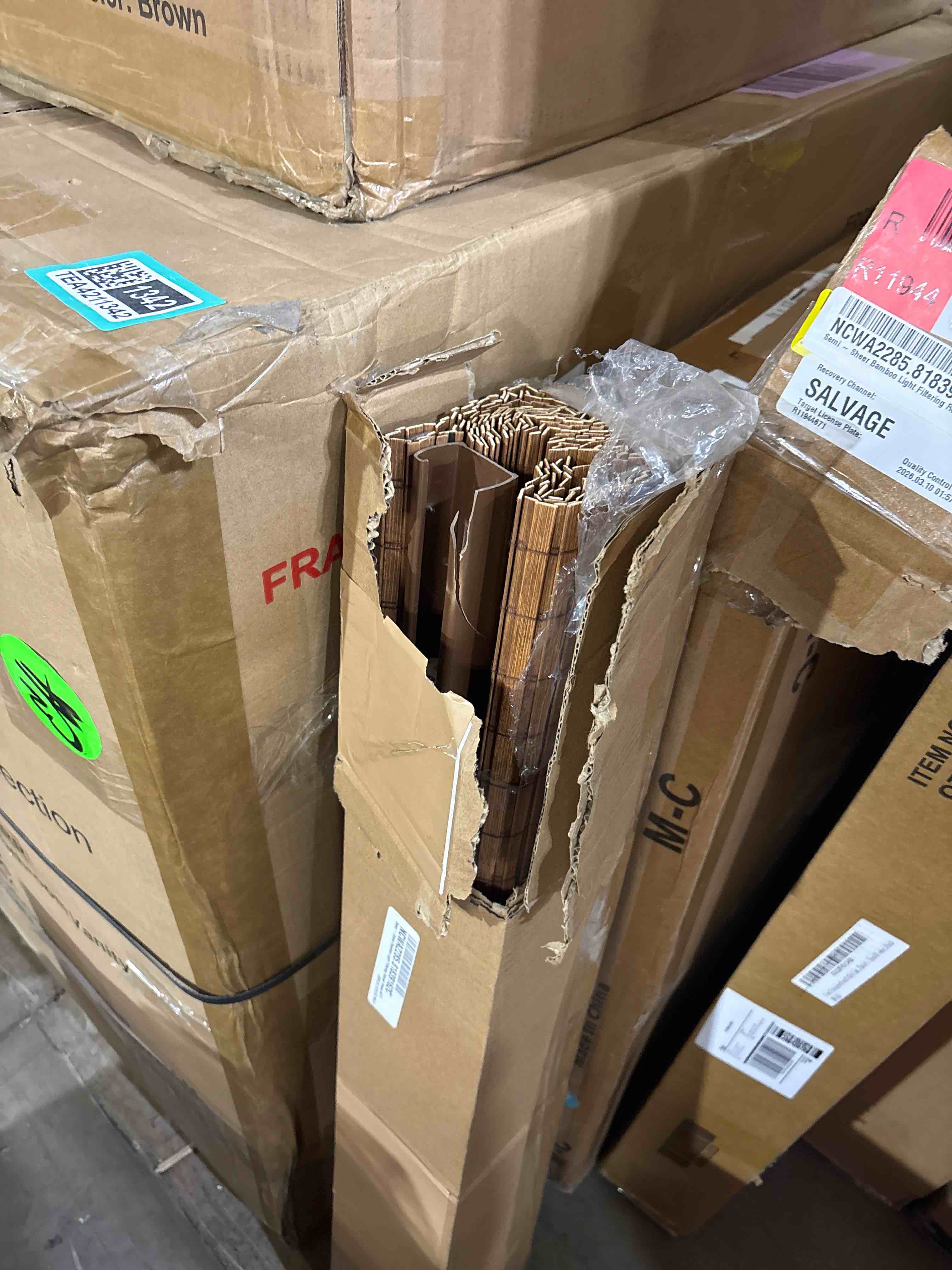 Condition photo showing As Is for Madison Park Eastfield 100% Bamboo Cordless Roman Shades-Woven Wooden Privacy Panel, Light Filtering Easy Installation Window Blind Treatment, Bedroom, Living Room Decor, 35" W x 64" L, Teak Teak 35"W x 64"L