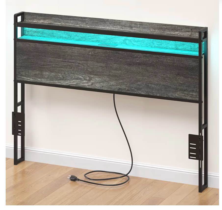 Elephance Headboard for Queen Size Bed Frame with 2 Tier Storage, with Outlets, USB and Type C Ports and LED Light, Height Adjustable, Platform Bed Headboard Only, Easy Assembly