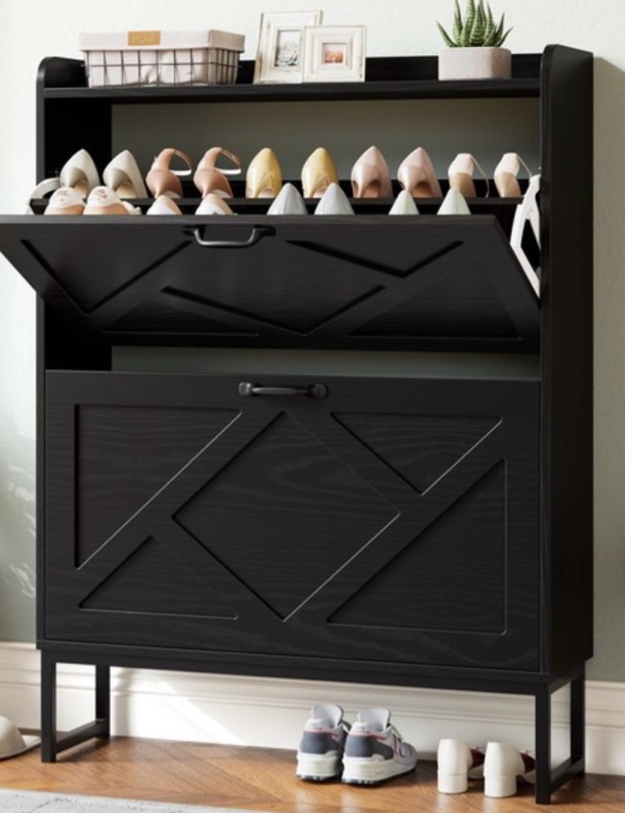 nicetree shoe storage cabinet with 2 flip drawers, freestanding shoe organizer, shoe cabinet with metal legs, narrow shoe rack cabinet, farmhouse slim shoe cabinet for entryway, foyer, hallway, black