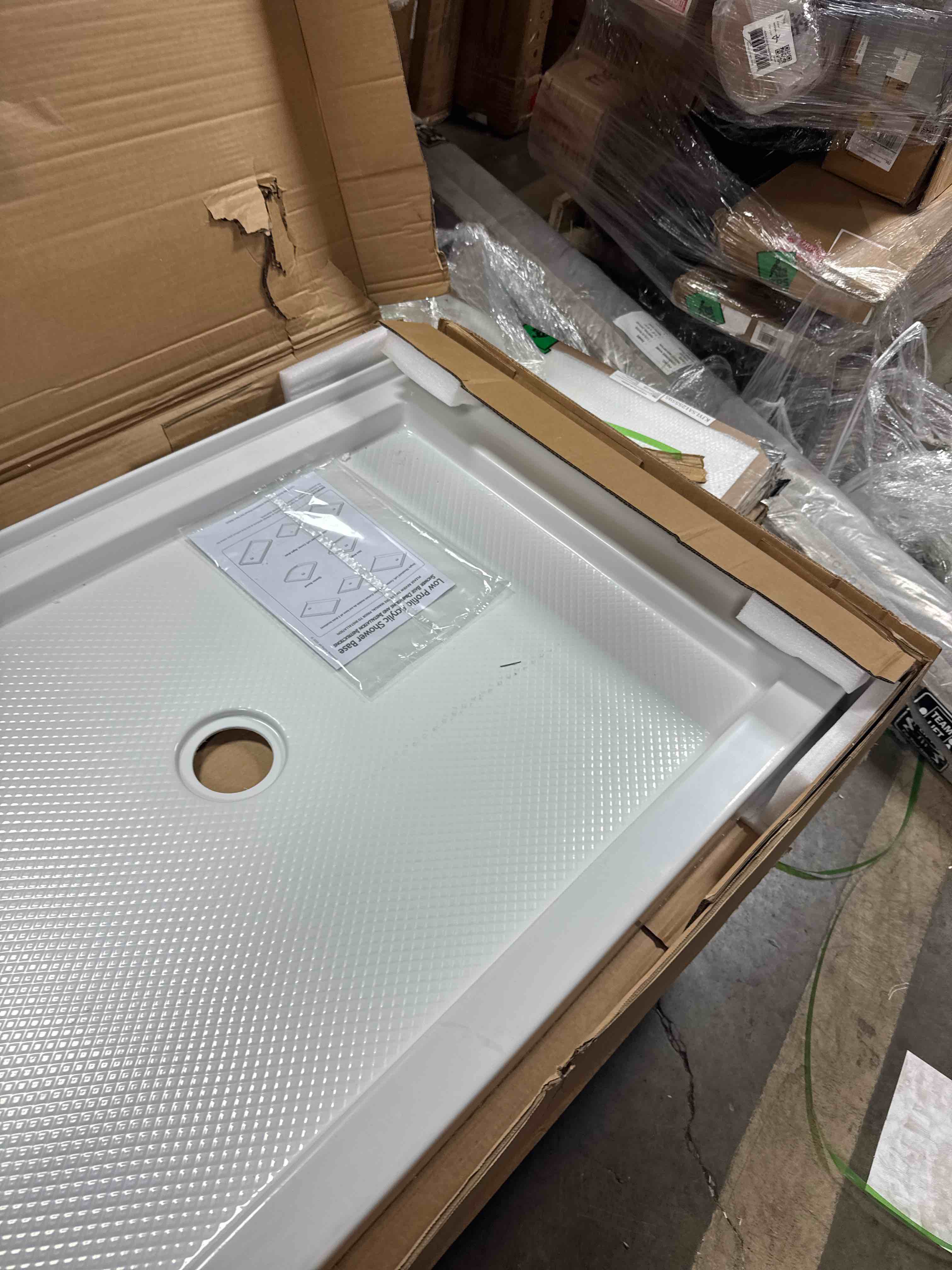 Condition photo showing New/Like New for dreamline slimline 32 in. d x 48 in. w x 2 3/4 in. h center drain single threshold shower base in white, dlt-1132480 white 32 inch d x 48 inch w center drain