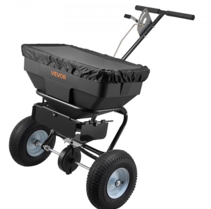 VEVOR Walk-Behind Spreader, 12ft Spreading Width, Push Broadcast Spreader with 13" All-Terrain Tires, Adjustable Flow Control, 130lbs Capacity Hopper, Lawn Spreaders for Fertilizer Seed Ice Melt