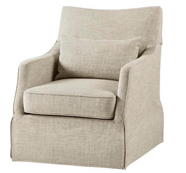 martha stewart london swivel chair - solid wood & plywood, skirted metal base accent armchair, lumbar pillow -modern classic family room sofa furniture bedroom lounge, 28"x31.5"x35.25", grey grey 28"w x 31.5"d x 35.25"h