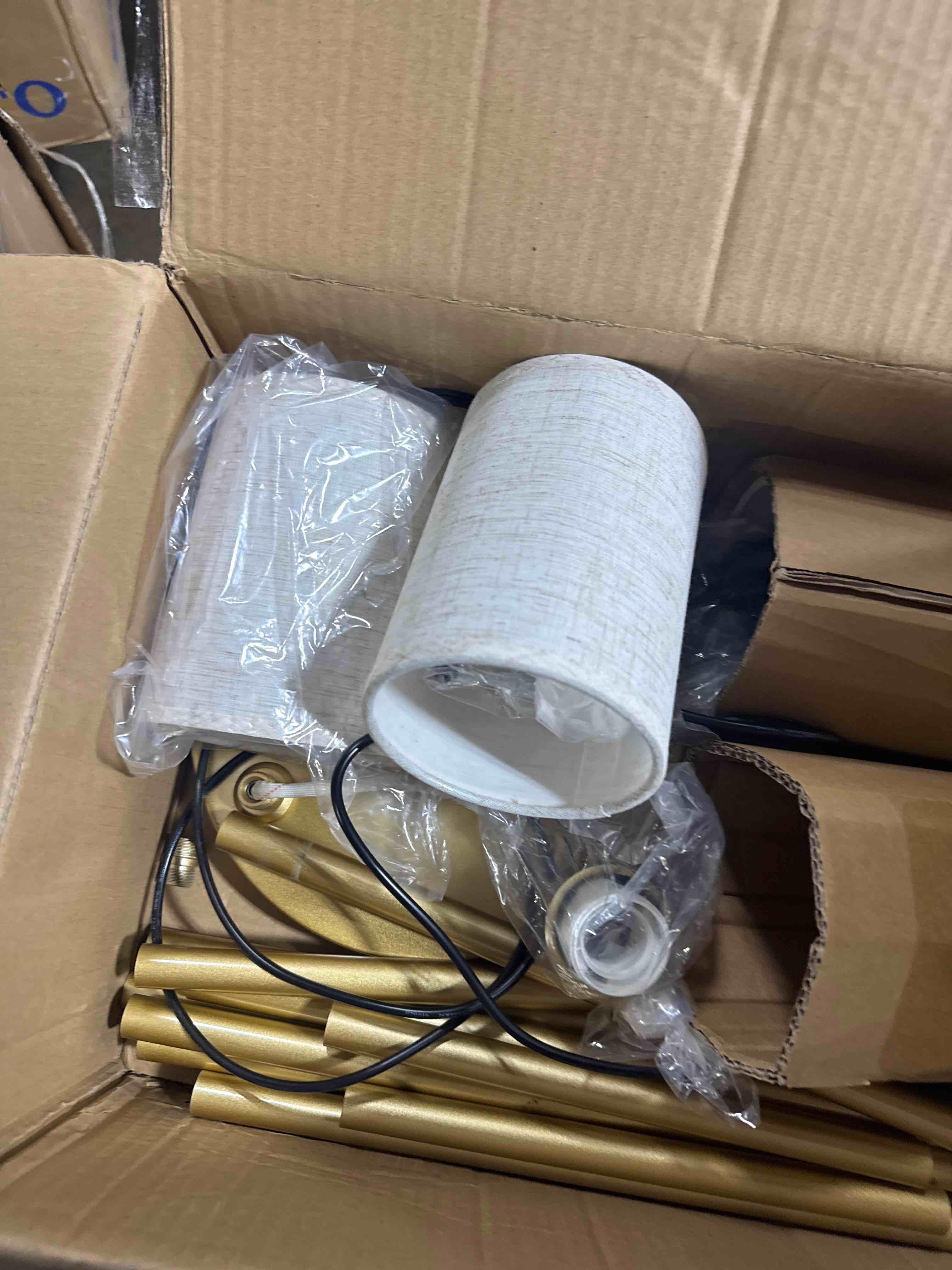 Condition photo showing Good Condition for floor lamps for living room, 3-lights modern floor lamp with shelves, gold standing lamp with fabric shade and foot switch, shelf standing lamps with table, tall table lamps for bedroom office