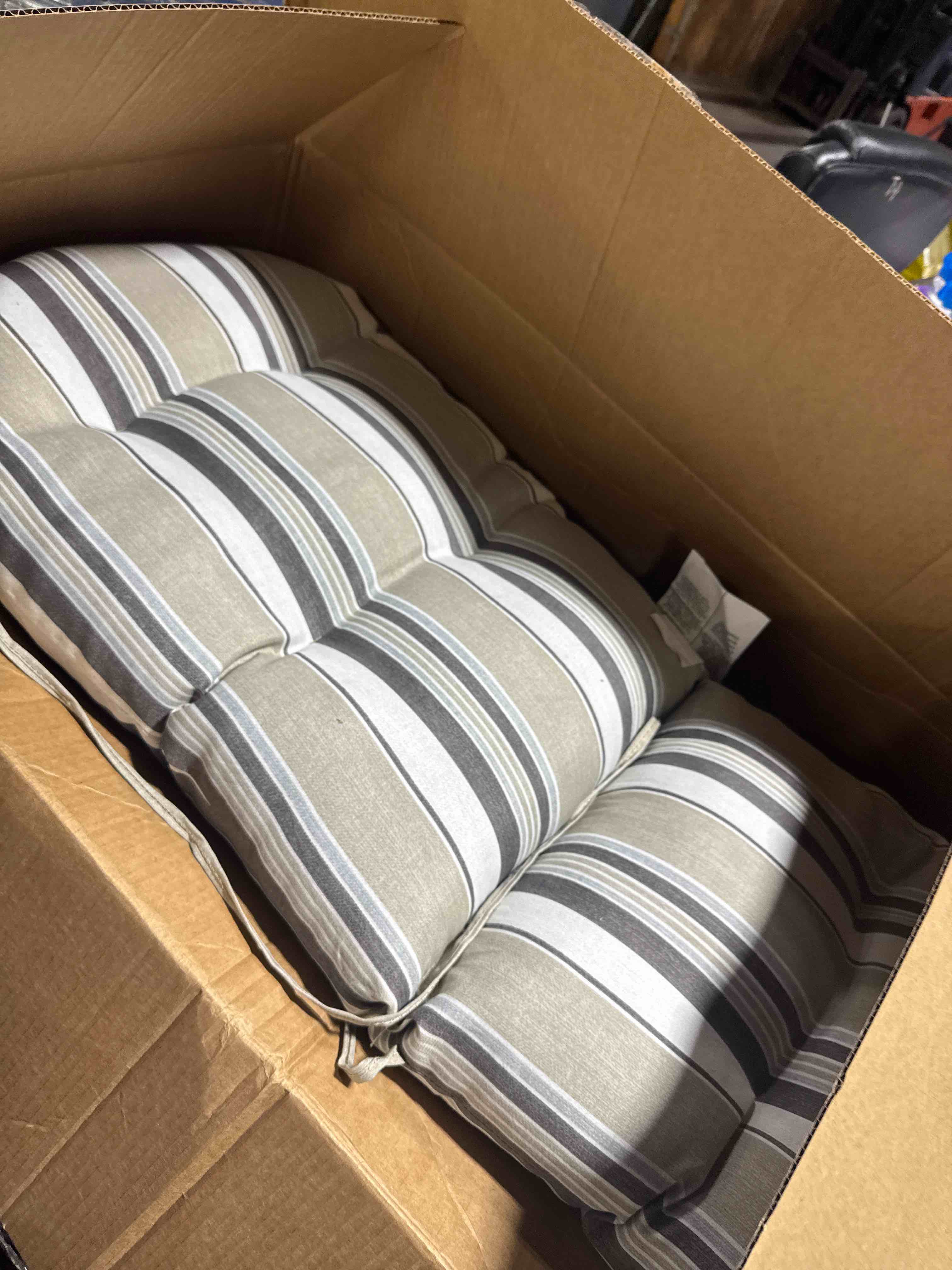 Condition photo showing New/Like New for arden earthfiber rocking chair cushion, set of 2, 21.5 x 48, rain-proof, fade resistant, cushions for rocking and adirondack chairs 21.5 x 48, taupe grey boardwalk stripe